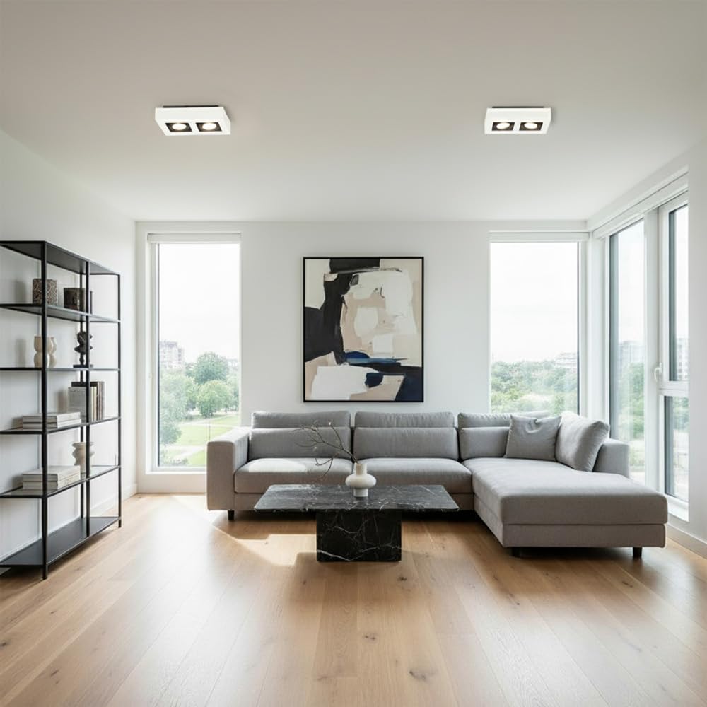 EDO Carré Spot de Plafond GU10 OSMIN RIM 2 Spots Blanc/Noir – Plafonnier en Saillie – Lampe Double avec Anneau Interchangeable et Orientable – Éclairage Moderne pour Salon, Chambre, Cuisine