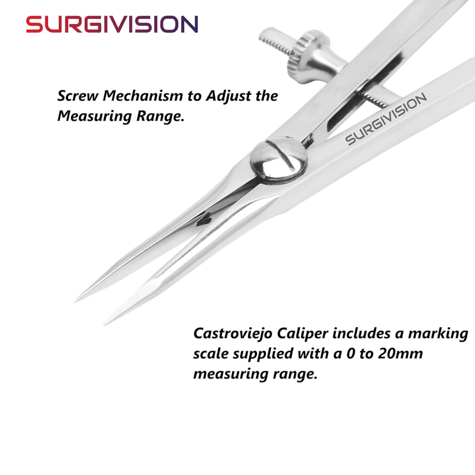 SurgiVision Castroviejo Caliper 20 mm Straight | Screw Mechanism Ophthalmic Instrument | Stainless Steel Anti-Rust | Eye Surgery Measuring Tool 2