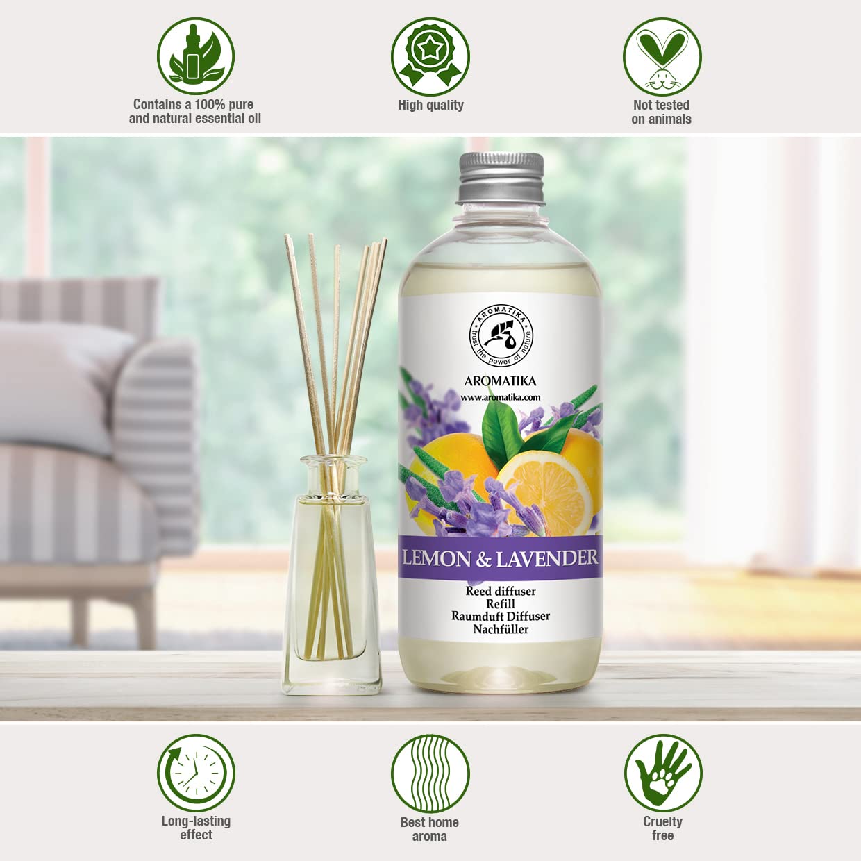 Recharge Diffuseur de Parfum Citron-Lavande 500ml - Diffuseur d'Ambiance avec Huile Essentielle - Aromathérapie - Parfum de Ambiance - Parfum Frais et de Longue Durée - Assainisseur de Air