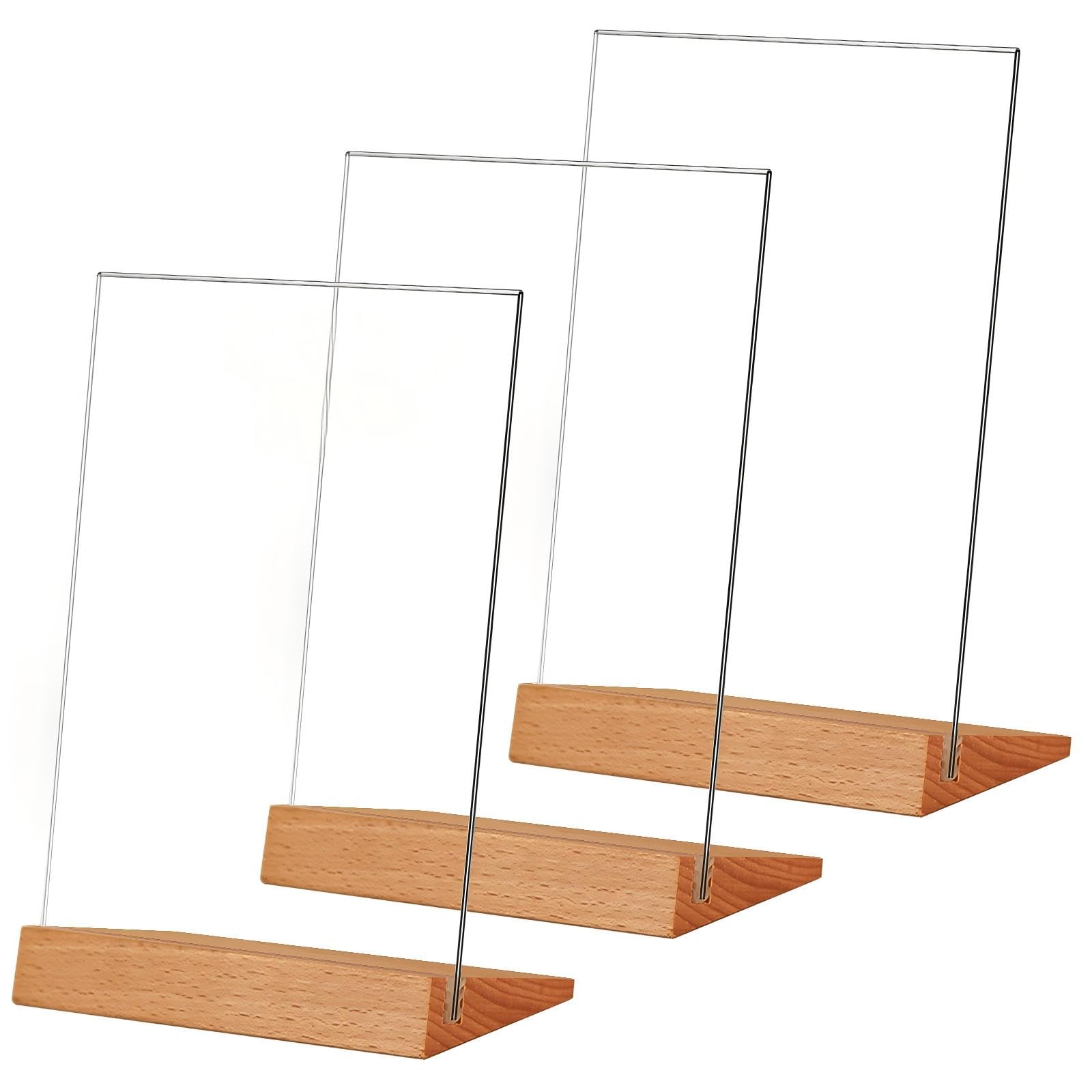 TONICE® 3 Pack 8.5x11 Acrylic Sign Holder L Shape Slant Back Design Clear Acrylic Frame Wood Base, Table Menu Display Stand, Flyer Display (Optional 8.5x11/5x7 Inch L/T Shape)