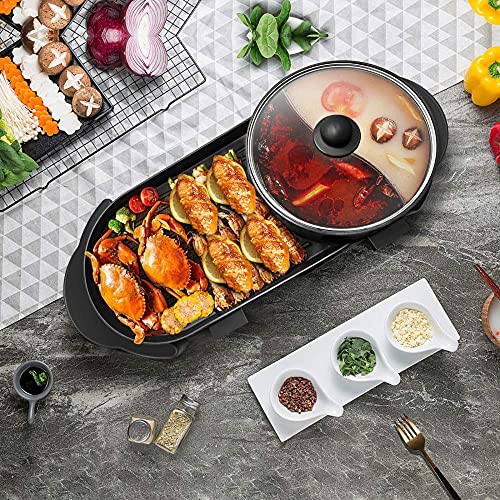 Kacsoo Electric Grill Hot Pot, Multifunctional Electric Barbecue Teppanyaki Grill Shabu Shabu Pot with Divider, Separate Dual Temperature Adjustments Non-Stick Pan Electric Cooker, Capacity for 2 - 12 People, 110V