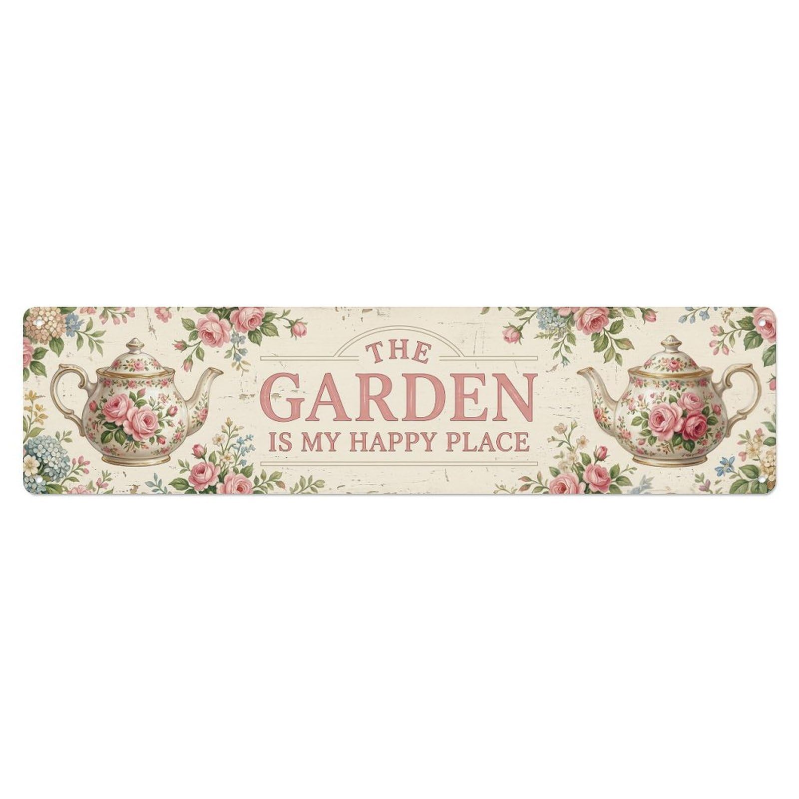Vintage The Garden Is My Happy Place Teapot Floral Metal Tin Sign
