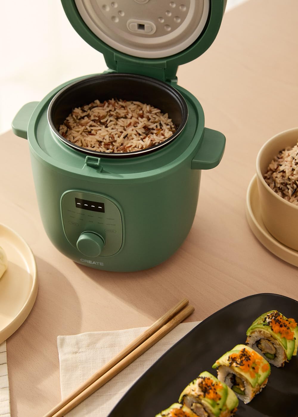 CREATE/RICE COOKER/Multifunktioneller Elektrischer Reiskocher 1.2L Salbeigrün/Programmierbar bis zu 24h, mit Dämpfeinsatz, bereitet Kuchen, Aufläufe oder Suppen zu, Warmhaltefunktion, 300W