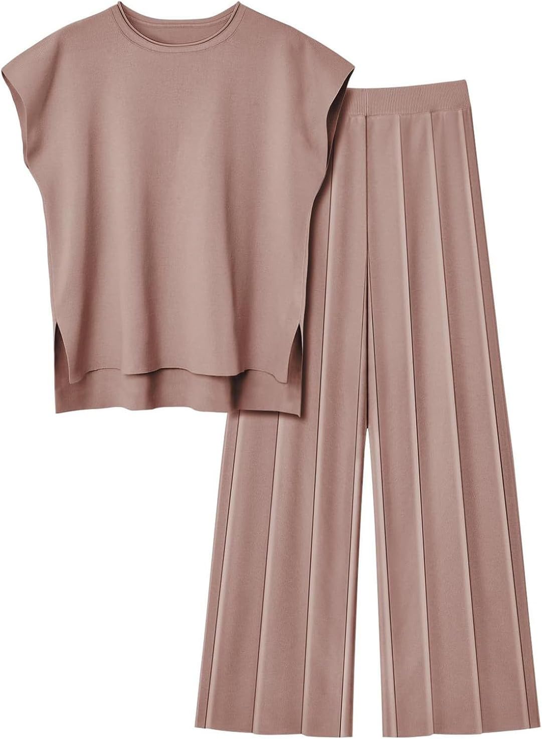 Oplxuo Sweater Sets for Women Two Piece Outfits Knit Cap Sleeve Tops Wide Leg Pleated Pants Dressy Casual Lounge Sets