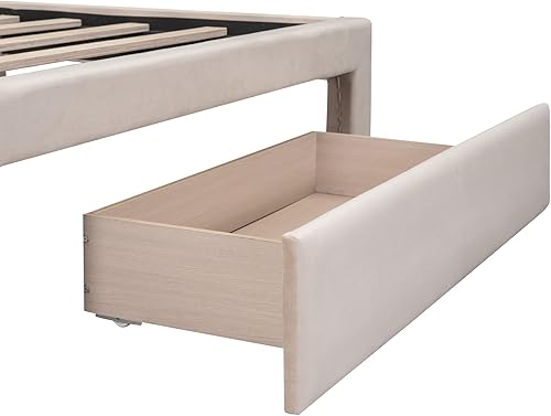 Miniatura 8 de Base de cama de plataforma con cabecera tapizada de terciopelo, soporte de listones de madera con un cajón grande, estilo moderno, base de colchón