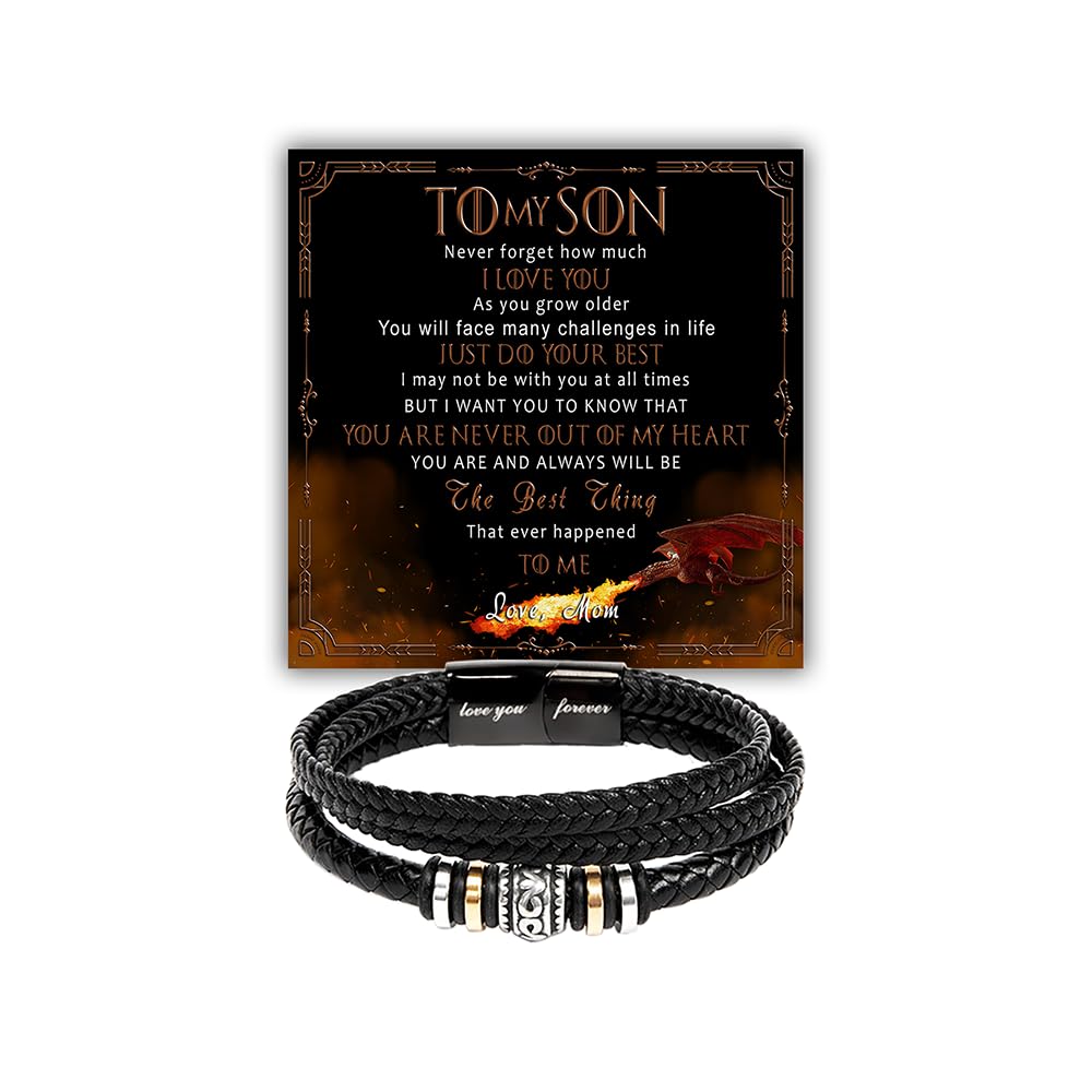 To My Son Leather Bracelet, Son Gifts From Mom And Dad, Bracelets For Sons From Father Mother, Gift For My Sons Christmas, Graduation Birthday With Message Card And Gift Box