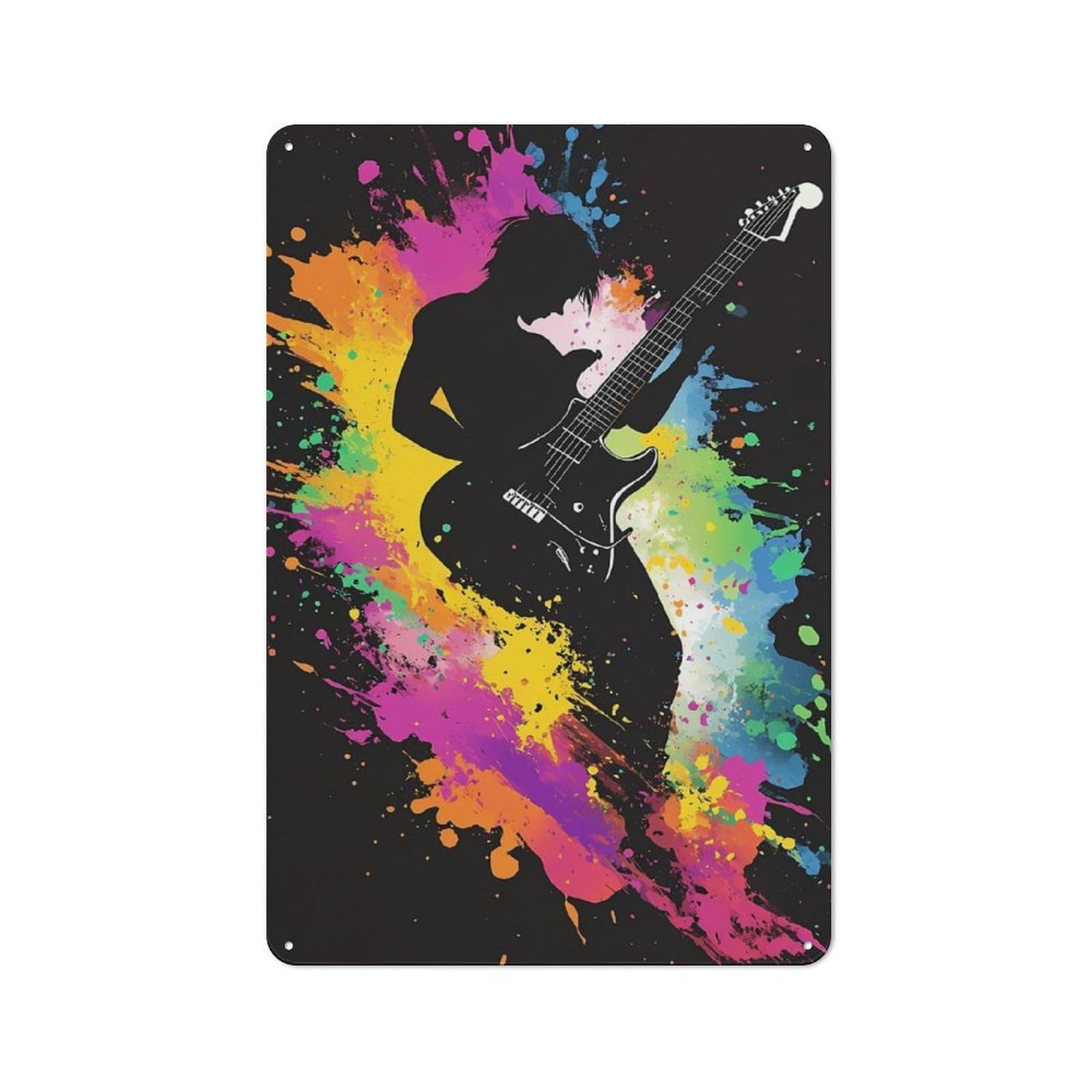 Junmoney Guitarist Silhouette With Colorful Splashes Industrial-Style Metal Sign 30X20cm For Home Bar Wall, Housewarming Wall Decor For People Furnishing Home Bar