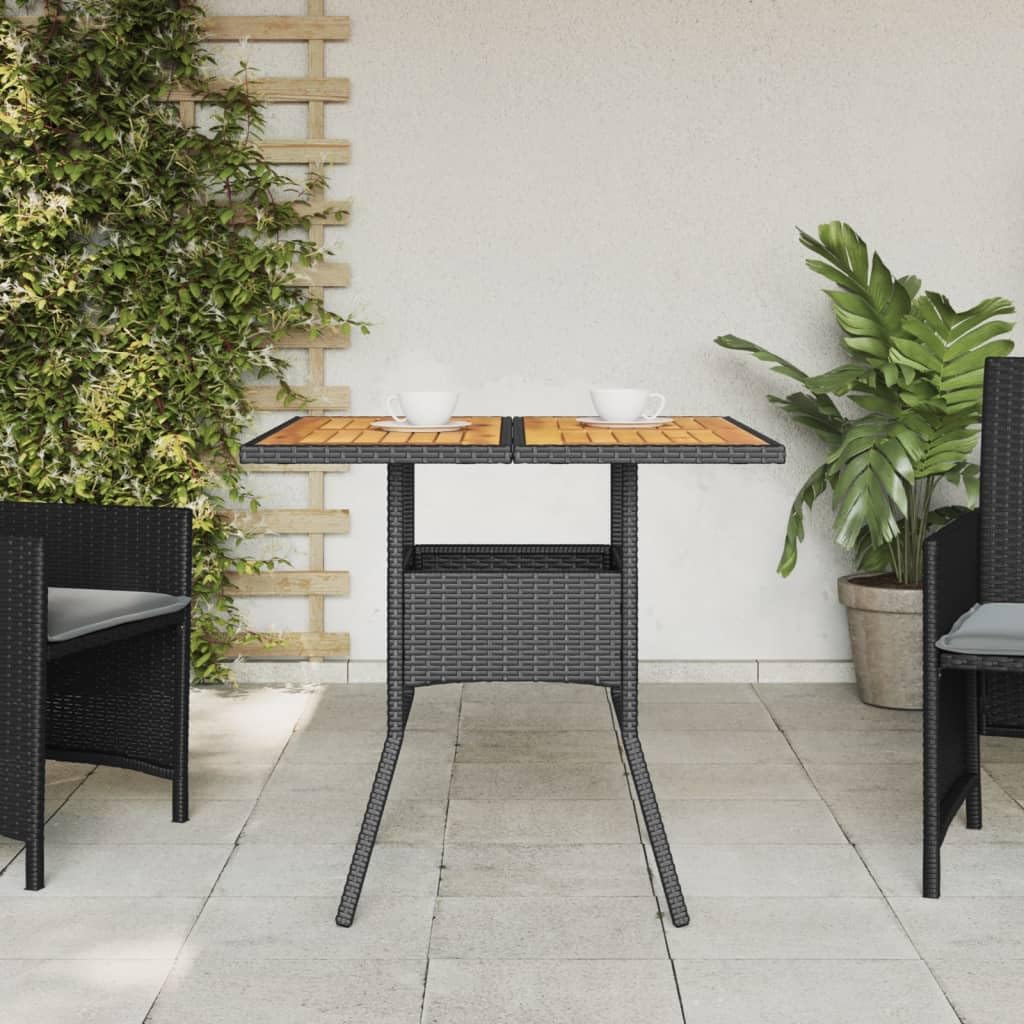 Poly Rattan stół ogrodowy, czarny, 80 x 80 x 75 cm | Blat stołu z drewna akacjowego, malowana proszkowo rama stalowa, odporna na warunki atmosferyczne, łatwa w pielęgnacji