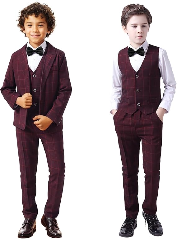 LOLANTA 5-delig jongenspak, geruit, feestelijk pak voor bruiloft, verjaardag, met blazer, vest, broek, overhemd en vlinderdas, 3-12 jaar, wijnrood