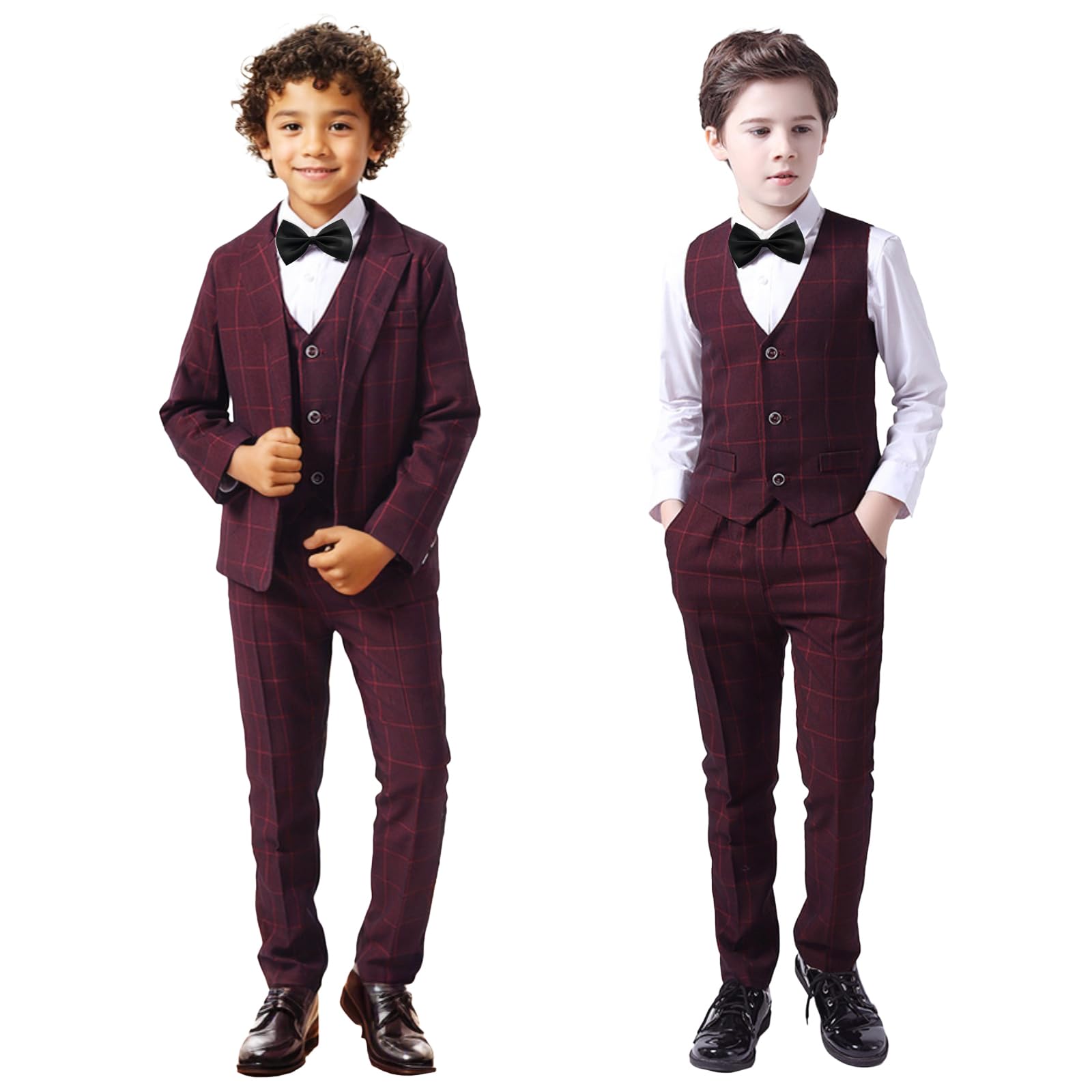 LOLANTA 5-teiliges Jungen Anzug Set, Karierter Festlicher Anzug für Hochzeit Geburtstag mit Blazer, Weste, Hose, Hemd und Fliege, 3-12 Jahre