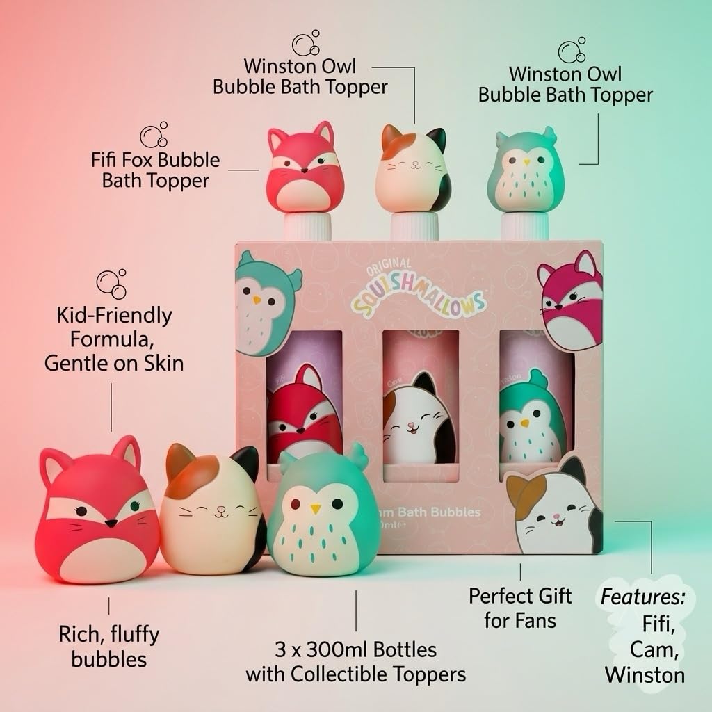 Squishmallows - Baño de burbujas para niños, 300 ml cada uno, Foxy Fruity, Cam Purrfect, Winston Feelin' Mallow, divertidas botellas coleccionables de personajes con tapas blandas