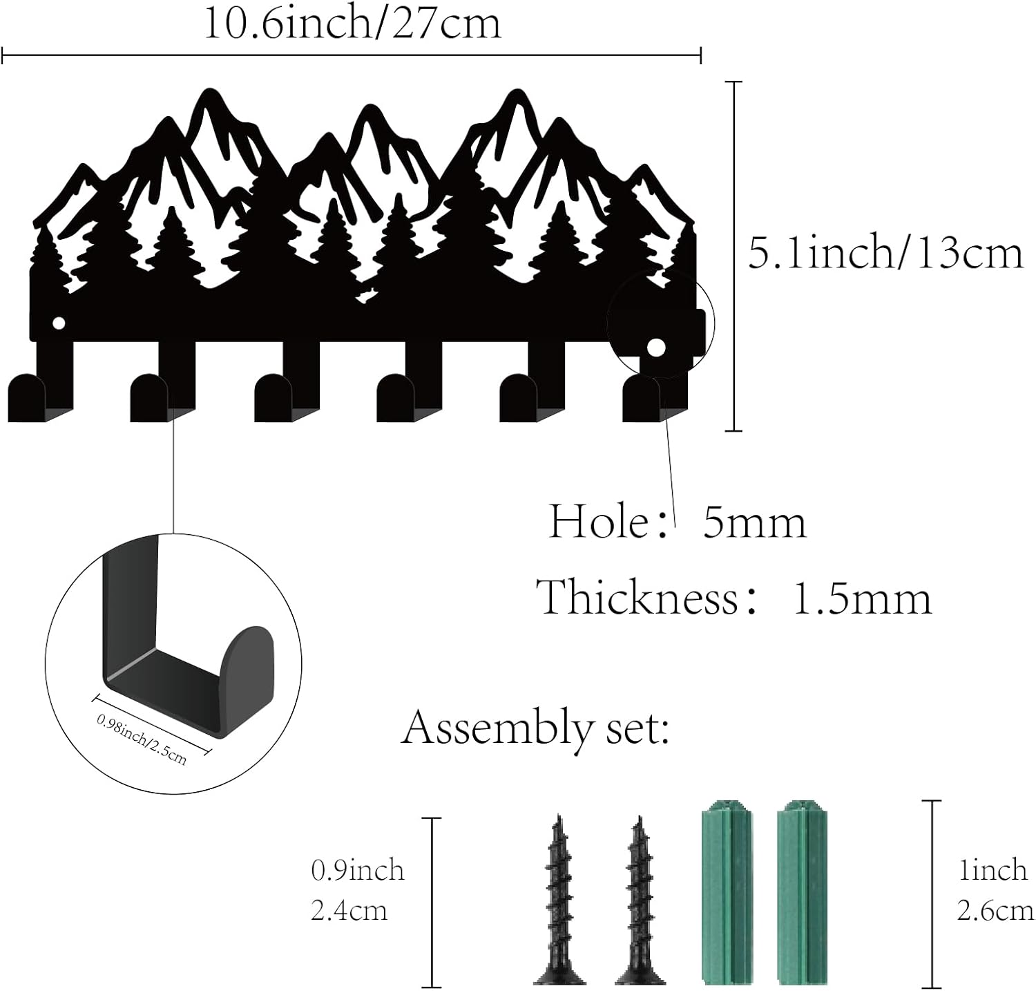 CREATCABIN Forest Coat Rack Wall Mounted Key Holder Black Metal Key Hanger Organizer with 6 Hooks Mountain Tree Decorative Coat Towel Clothes Hanging Rack for Front Door Entryway Storage 10.6x5.1 Inch