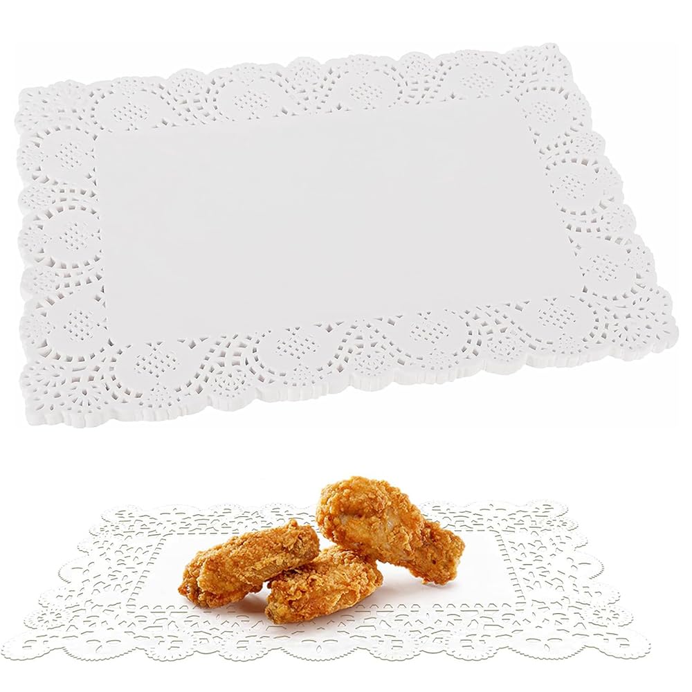 Cjingch White 100 Pcs Lace Rectangle Paper Doilies 35 X 25Cm/14 X 10Inch Cake Packaging Pads Disposable Hollowed Doilies Paper Placemats For Wedding Tableware Food Decoration