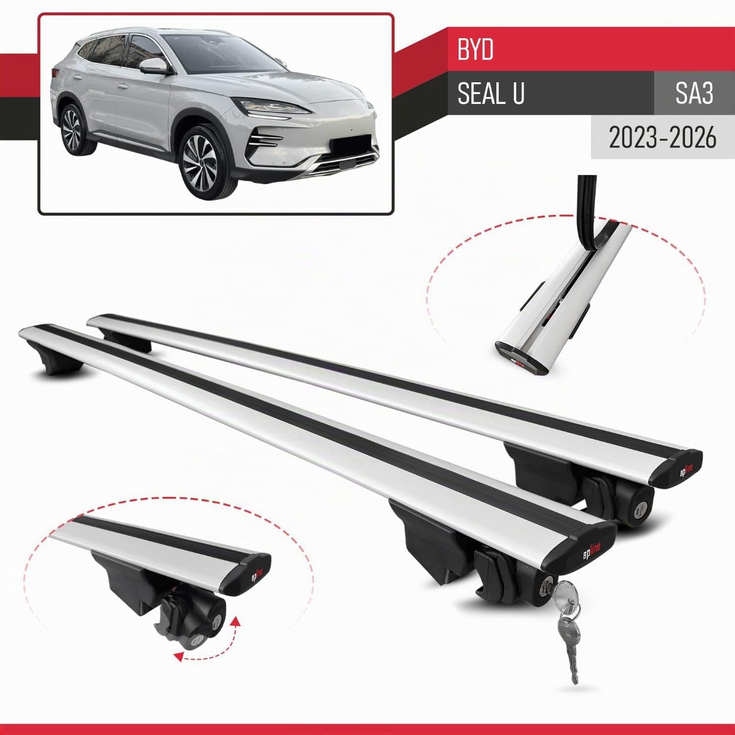 Compatible con BYD Seal U (SA3) 2023-2026 Modelo Hook Barra de Techo Auto Portaequipajes Barras Transversales Gris Aluminio 2 Barras
