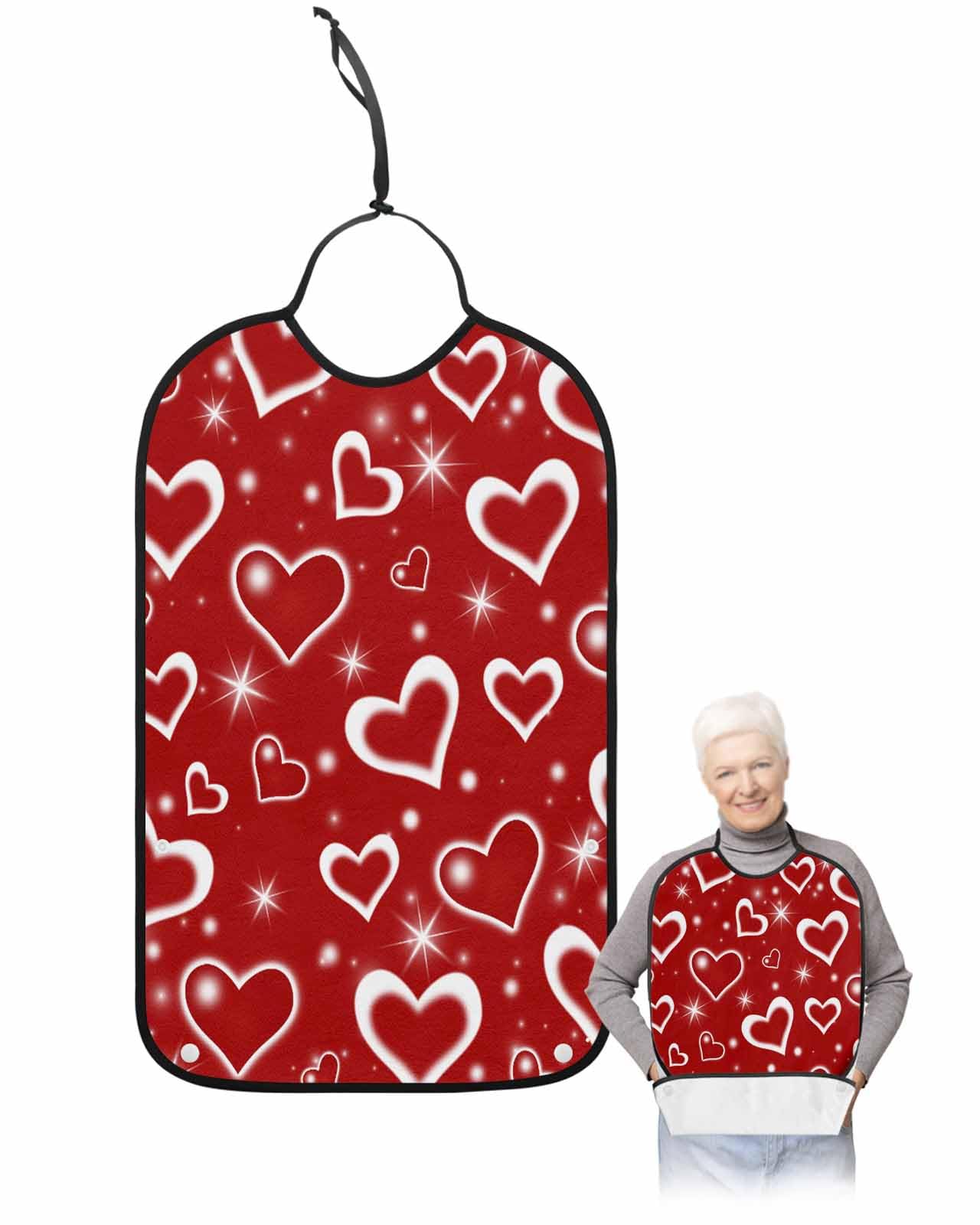 LEOKOTI Love Valentine Adult Bibs for Eating, Waterproof Bibs with Food Catcher & Adjustable Snap Closure, Red Love Heart Romantic Washable Clothing Protectors Adult Bibs for Elderly Women/Men