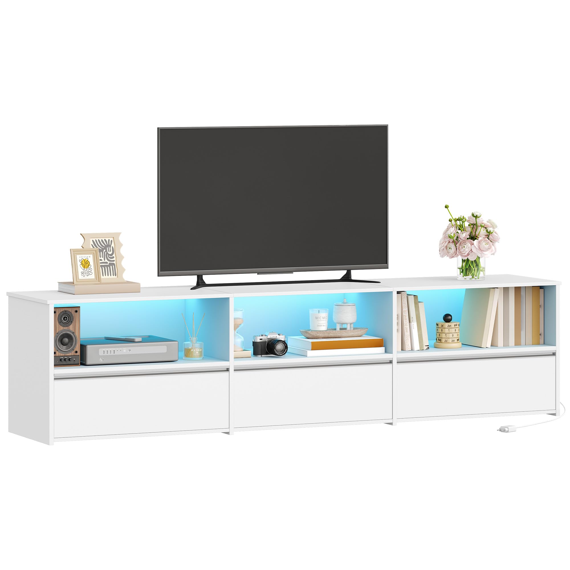 Hzuaneri Meuble TV avec LED RGB, Blanc, 180 cm de Long Banc TV | Adapté aux TV de 80 Pouces et Moins, Doté de 3 Tiroirs et d'un Range Ouvert, Idéal pour le Salon, la Chambre, TV18703WEU
