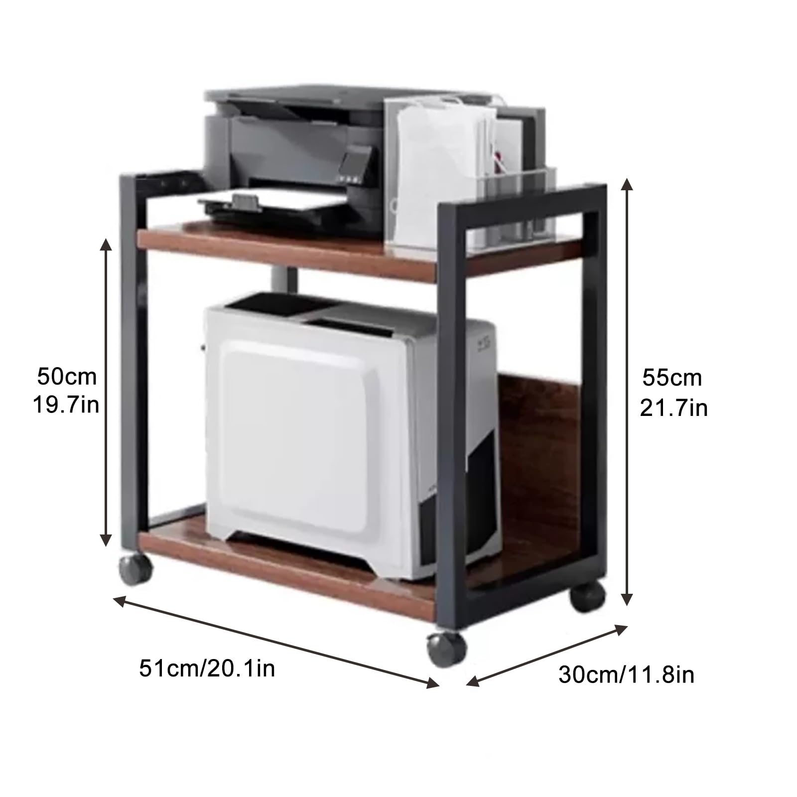 Supporto regolabile per stampante a rullo con ripiano portaoggetti, supporto per CPU industriale, carrello per computer portatile, tavolo per fax, scanner e file (finitura naturale, 50,8 x 30,5 x 55,9