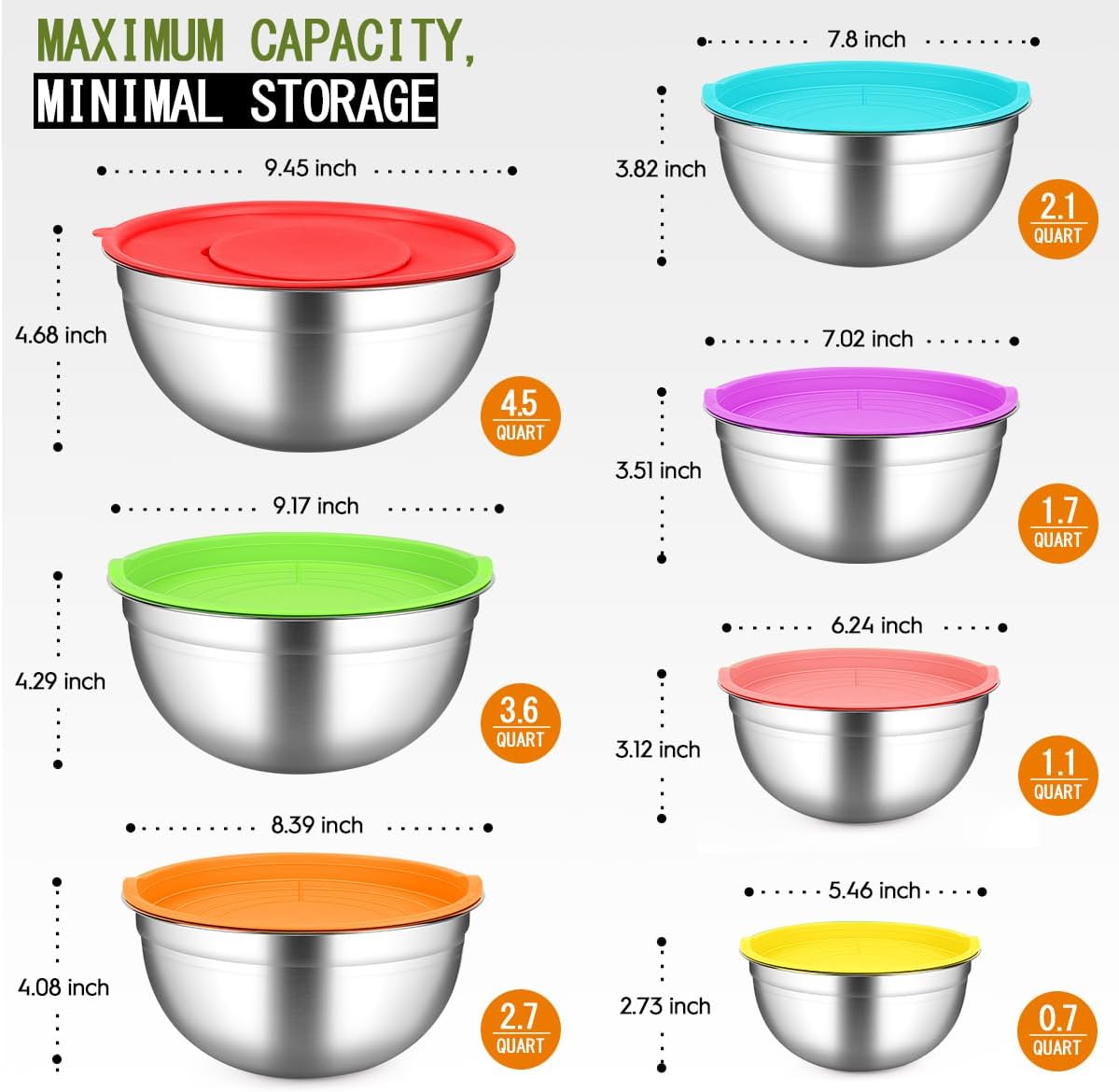 JUJOJB Mixing Bowls With Lids Set,Stainless Steel Mixing Bowls Set With 3 Grater,Metal Nesting Bowls For Kitchen Baking Refrigerator Meal Prep Food Organizer,7 Size(Multicolor)