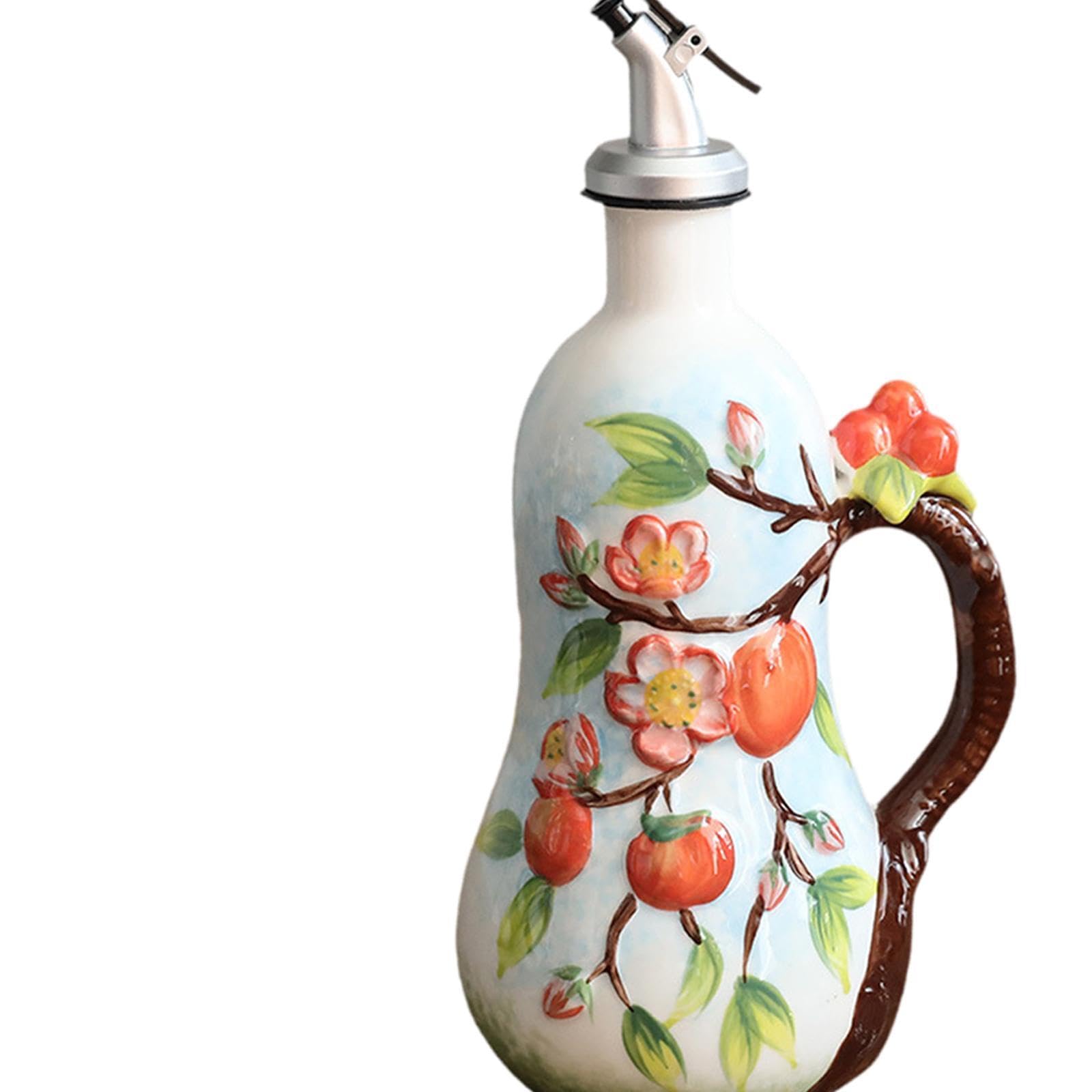 Ölspenderflasche Essigspender Vorratsbehälter Gewürzglas Tropffreier Ausgießer Servierdeckel Handbemalt für Kochbereich Esszimmer Gastronomie, Persimmon