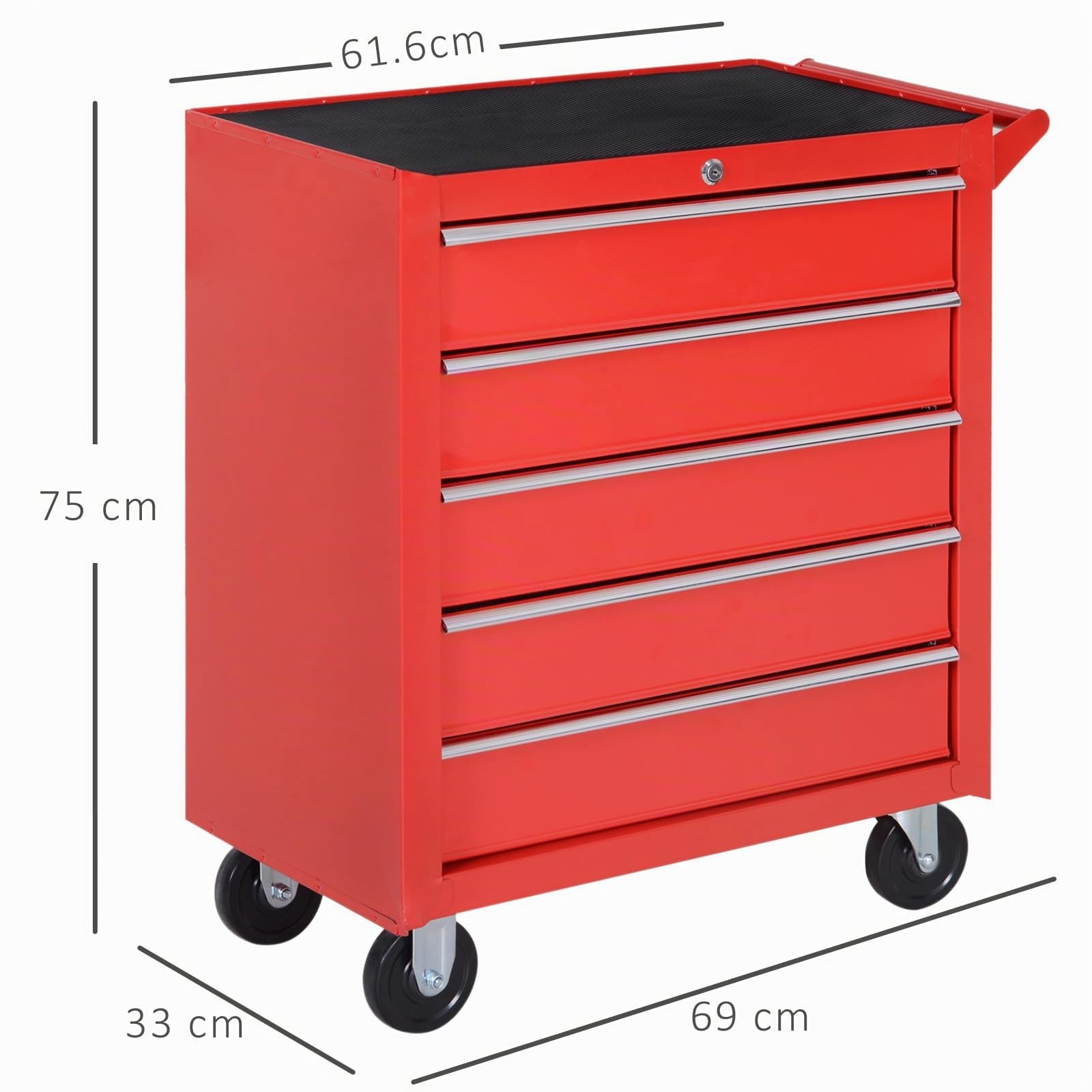 HOMCOM Carrello Porta Attrezzi a 5 Cassetti con Serratura, 4 Ruote e Maniglia, Carrello Officina in Acciaio 69x33x75cm, Rosso