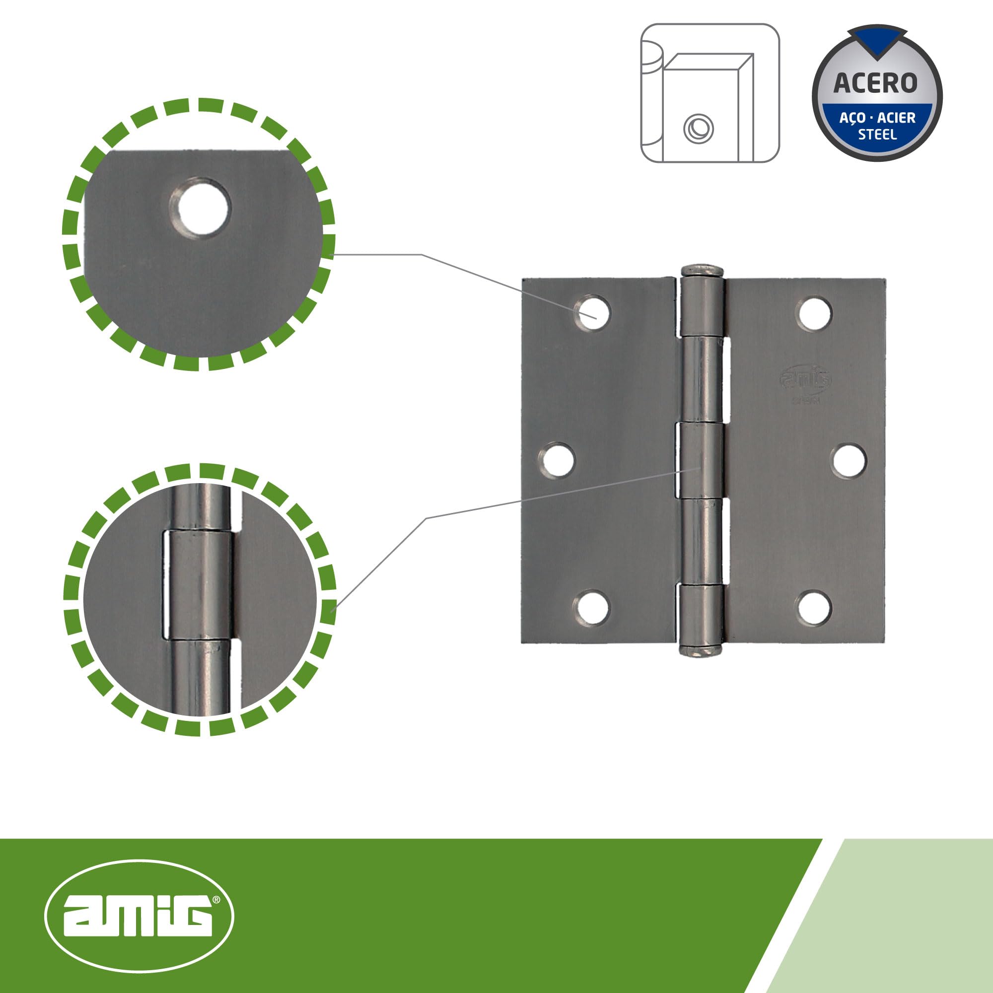 Amig, Security Hinge, 3'' x 3'' (76 x 76 x 1.6 mm), Square Edges, Flat Finial, Holds Entry Doors Firmly - Image 3