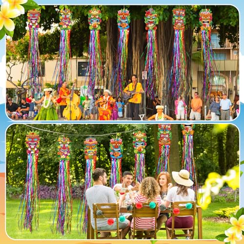 Image of Affrolling 8 Pcs Hawaiian Luau Party Decoration Tiki Totem Hanging Decorations with Tassels for Aloha Hawaii Luau Tropical Birthday Party Supplies 3.3 ft Outdoor Summer Tiki Door Banner Sign Decor