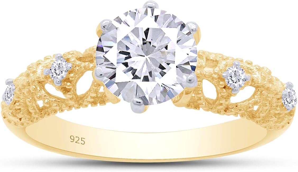 Solitaire Vintage Style, 6MM Center Round Cut Sparkling White Cubic Zirconia Engagement Promise Ring In 14k Gold Over Sterling Silver Jewelry For Women