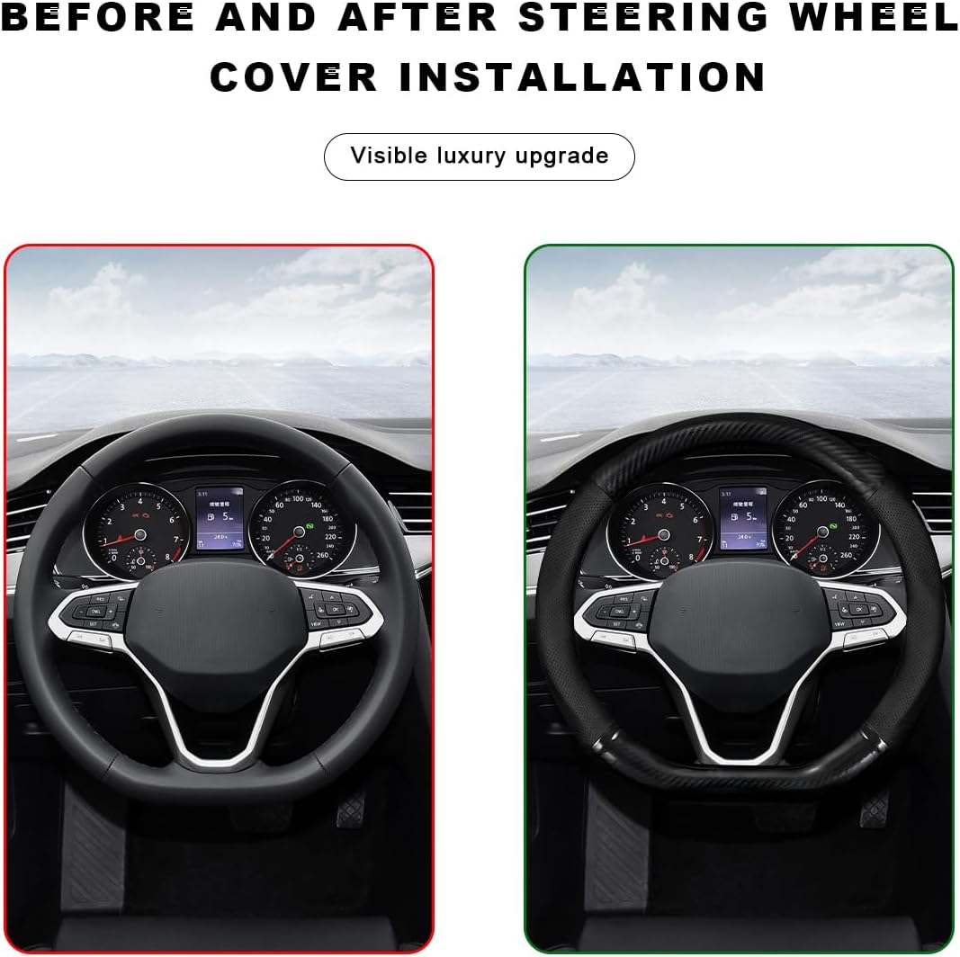 Car Breathable Steering Wheel Cover, Carbon Fiber Wear-Resistant D Shape Steering Wheel Protector for Comfy Grip, Universal Non-Slip Leather Wheel Sleeve for Most Car SUV Truck (Black)