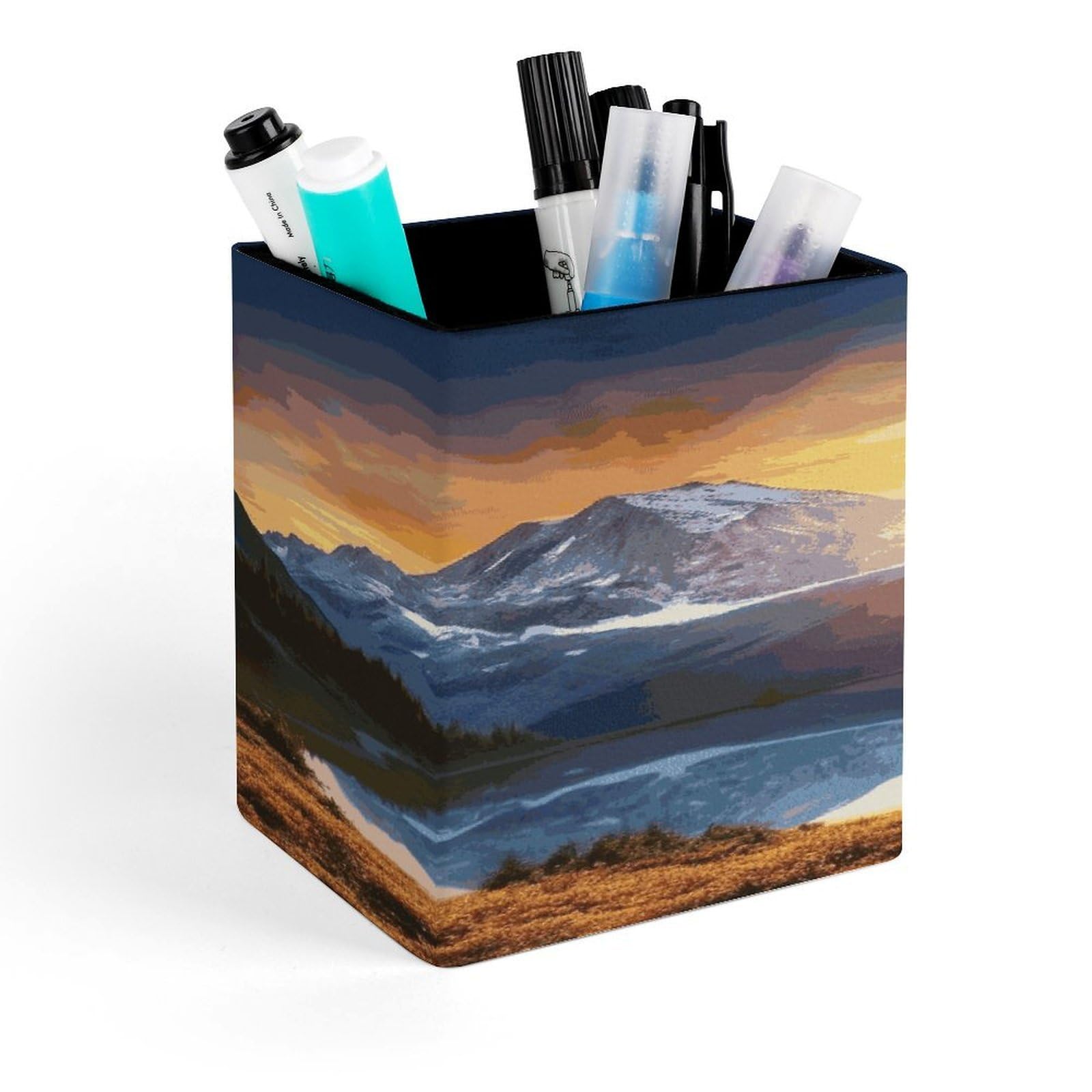 JTREHY Mountain Sunrise Pen Holder Square Pen Pencil Holder Makeup Brush Holders Cup PU Leather Pencil Cups Desktop Caddy Stationery Organizer Case Office Accessories Container Box