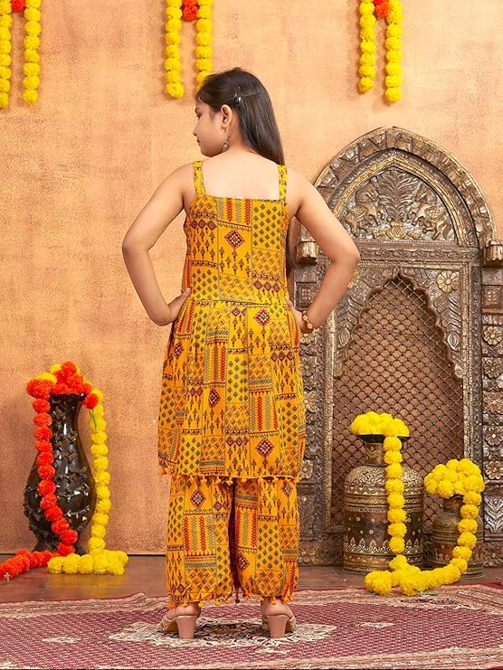 Girls' Printed Sleeveless Maxi Dress, Yellow and Red Ethnic Wear Mirror Lace Polyester Kurti Sharara Set4