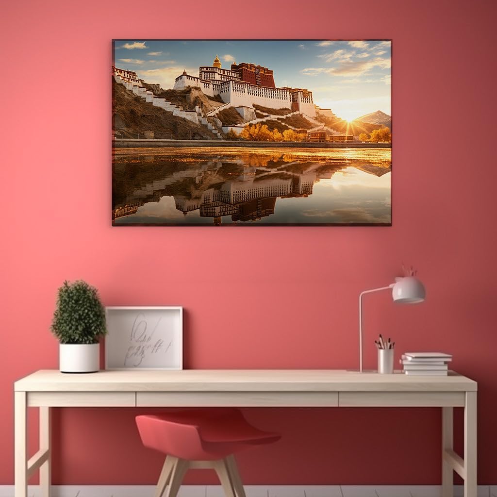 Canvas for Living room. Majestic Potala Palace Rising Over Lhasa Skyline with Serene Reflective Waters, 27 x 18 inch Canvas Wall Art - Modern Home Decor