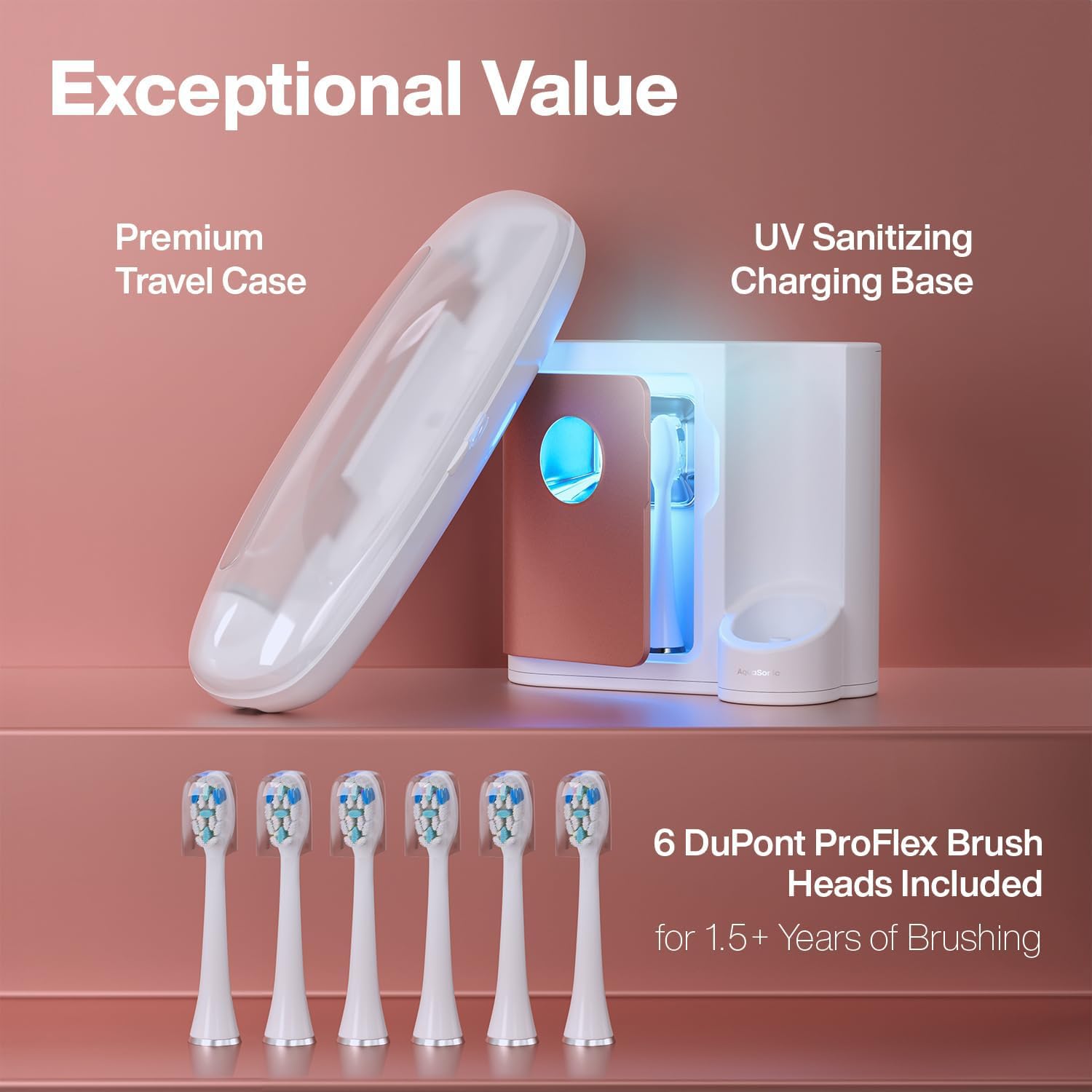 Aquasonic Vibe Series PRO – Brosse à dents électrique ultra blanchissante – 5 modes et minuteurs intelligents – Base désinfectant UV – Accepté ADA (or rose)