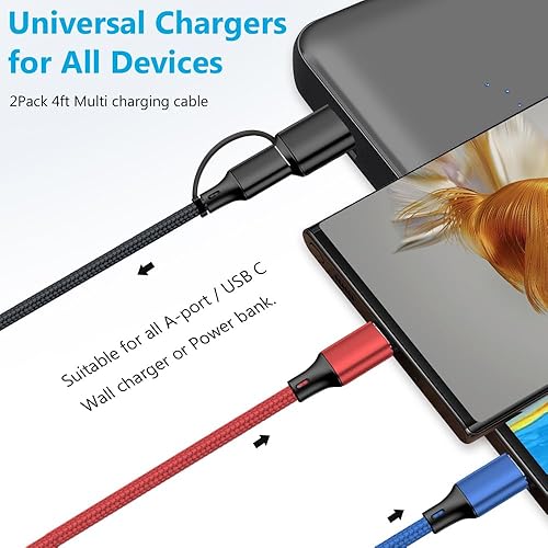 Miniatura 7 de Puxnoin Cable de carga múltiple 5 en 1, paquete de 2 unidades, cable de 4 pies, cargador múltiple USB C universal con conectores USB C/Micro USB
