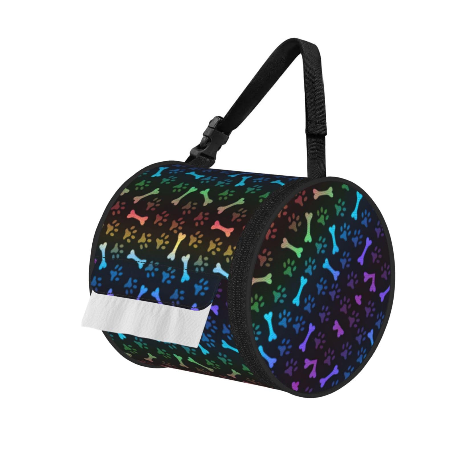 Rainbow Dog Cat Paw Printed Roll Paper Carrier Bag, Foldable Oxford Cloth Tissue Case for Camping Hiking Backpack