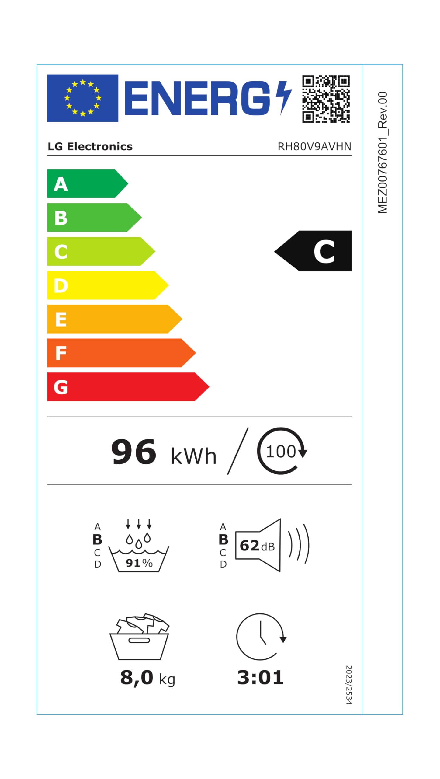 LG RH80V9AVHN Asciugatrice Smart a Carica Frontale 8 Kg, Classe C, Condensazione con Pompa di Calore, Wi-Fi con SmartThinQ, Eco Hybrid, Allergy Care, 60 x 69 x 85 cm - Bianco