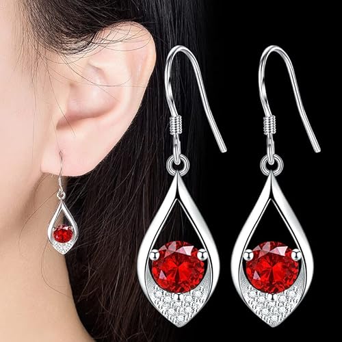 Dangle Plated Silver Nickel Free Earrings For Women Girls Teens Fashion Dangle Tear Drop Sparkly Crystal Earrings For Women Girls Teens (Water-Drop-Red) #TOP3