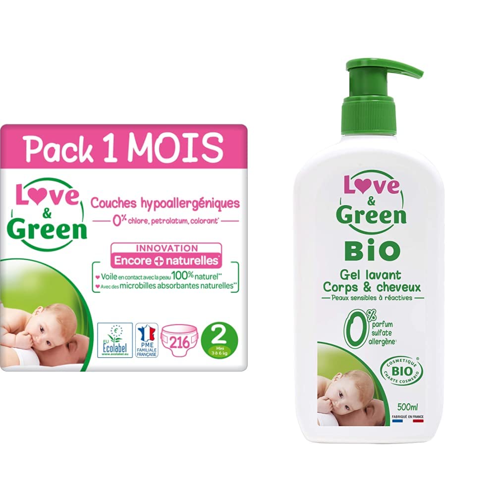 Couches Taille 2 (3-6 kg) - Pack 1 Mois (216 couches) +Gel Lavant Corps/Cheveux Bio 0% 500 ml