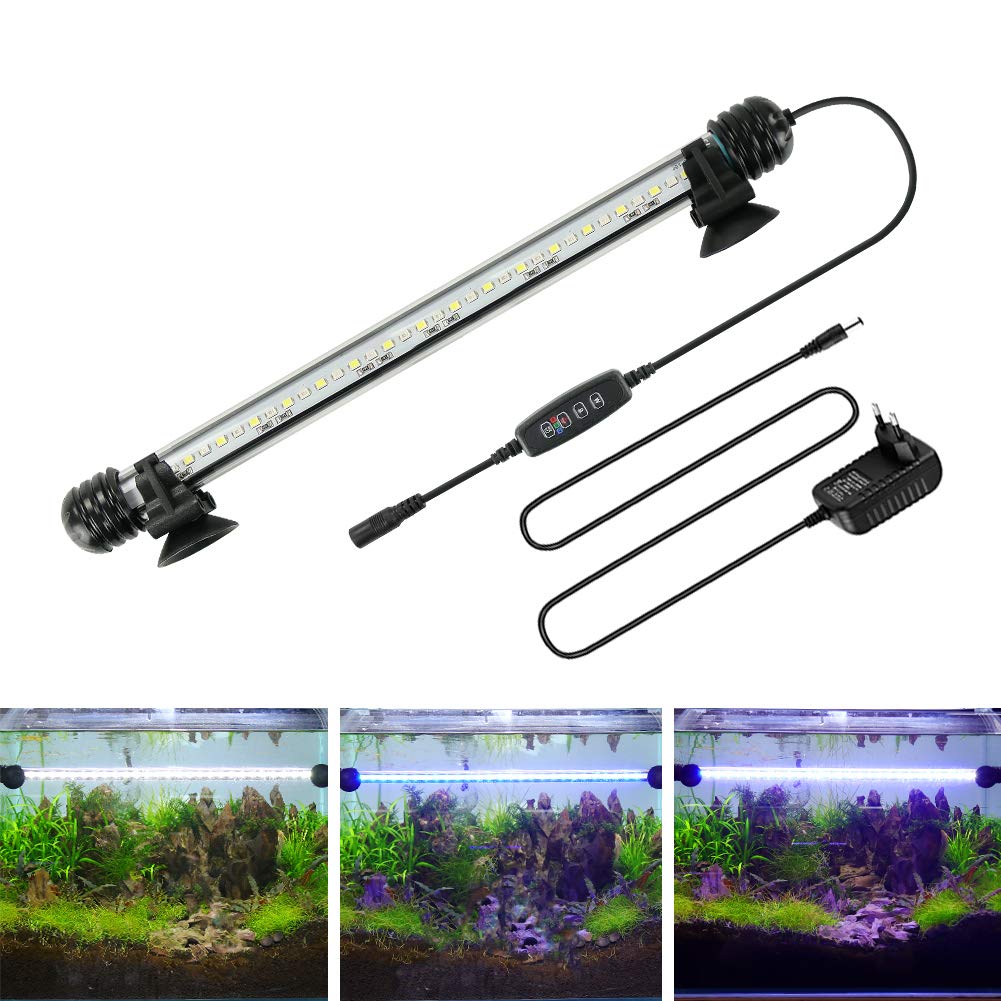 BELLALICHT Lámpara LED con temporizador para acuario, luz blanca azul con temporizador integrado, regulador de intensidad regulable, 10 niveles de brillo, IP67, resistente al agua, luz para peces,
