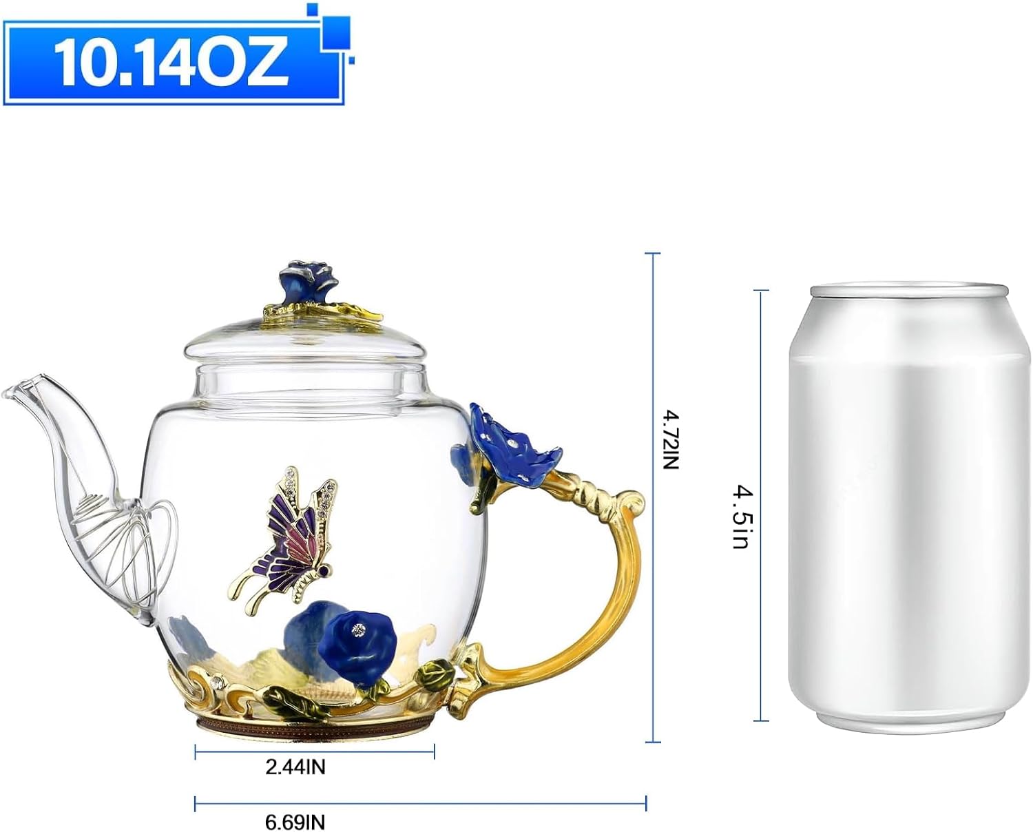 300ml Heat Resistant Glass Teapot with Golden Leaf Edge, Floral Pattern Ret