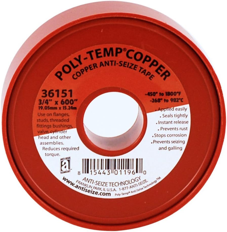 Poly-Temp 36151 Anti-Seize Copper Filled PTFE Thread Seal Tape, 600" Length x 3/4" Width x 3.5 Mil Thickness