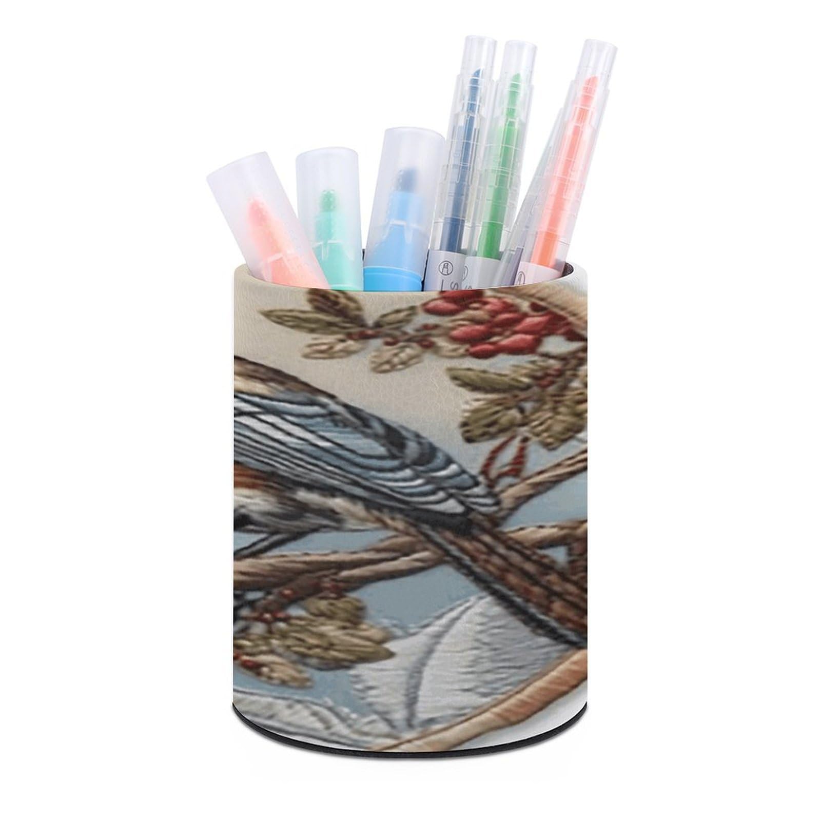 FekiLoot PU Leather Round Pen Holder Bird on Branch Pencil Holder Desk Organizer Pen Organizer Pen Cup Pencil Cup Caddy Desktop Stationery Organizers for Office Home Supplies