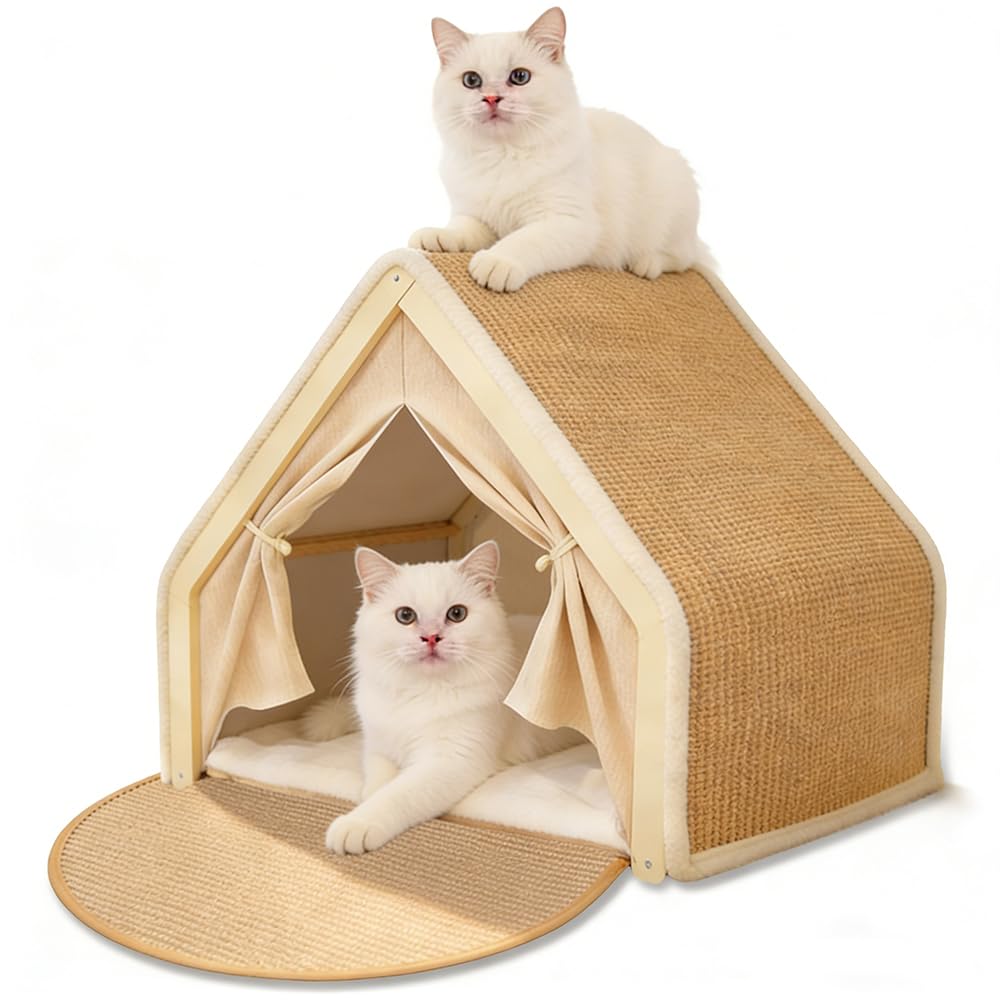 Tiragraffi di Natale per gatti, 2 in 1, in cartone e sisal, per due gatti, rifugio per gatti (beige, L)