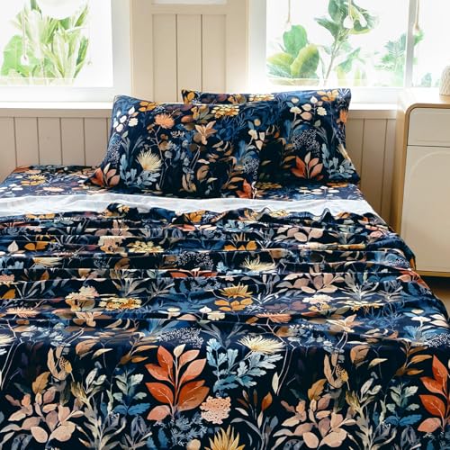 MICORAL Boho Floral Queen Sheet Set, 4-Piece Printed Botanical Bed Sheets, 16