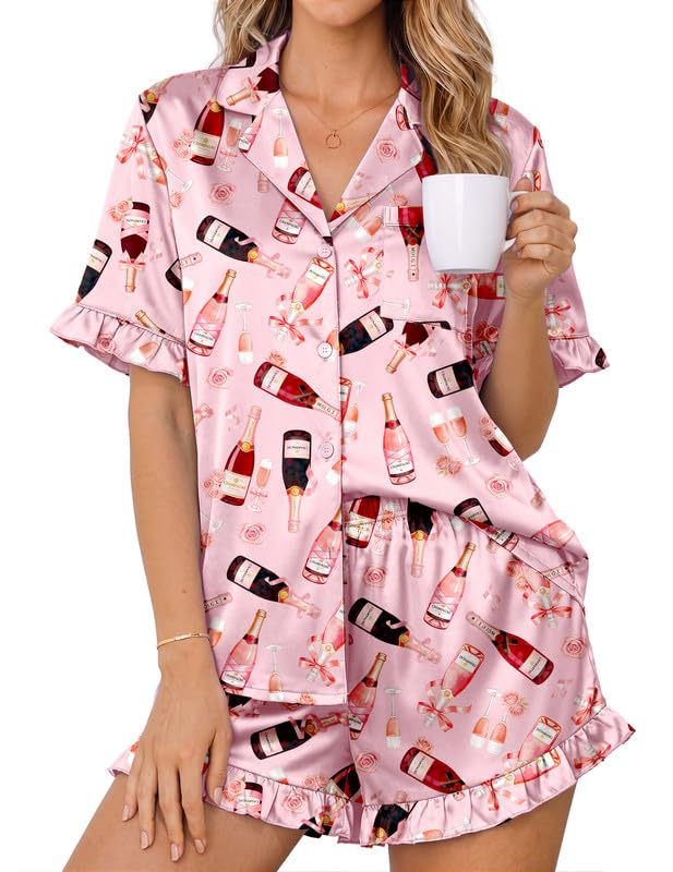 Image of Ekouaer Womens Satin Pajamas Set Button Up Silk Pjs Short Sleeve Shorts Set | Cute Ruffle Sleeve,2 pockets,Summer 2 Piece Sleepwear for Sleep,Lounge,Wedding,Bridal Party