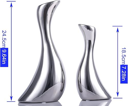 Miniatura 4 de Juego de 2 jarrones de cerámica plateada galvanizados, jarrón pequeño de cintura con cuello de cisne, jarrón de decoración del hogar, decoración de