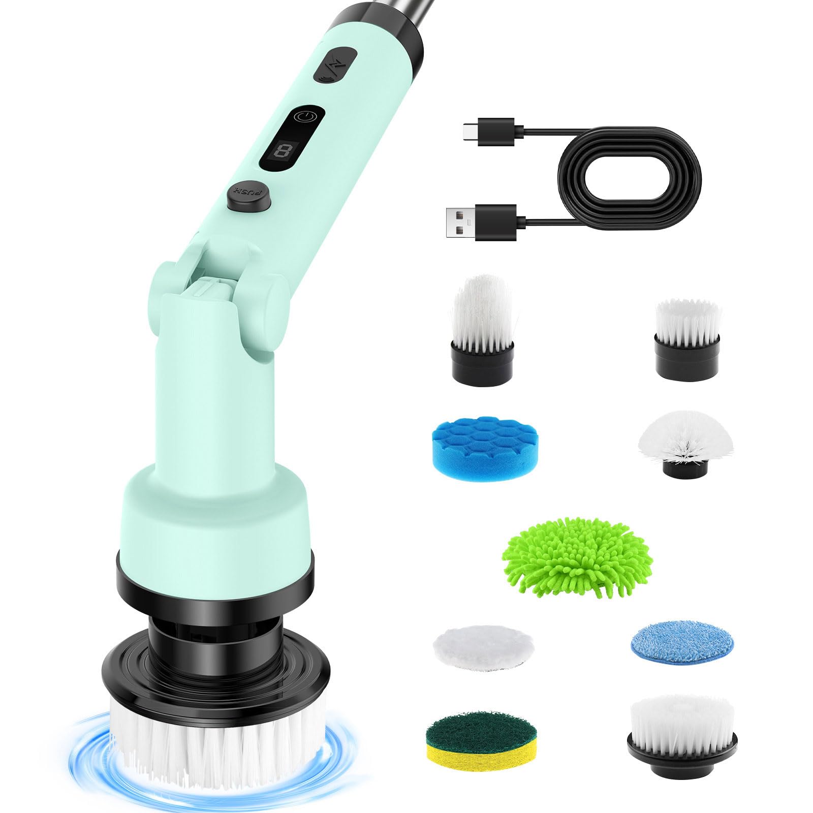 Lavasciuga elettrica Rotante, Spazzola per Pulizia telescopica Wireless con 9 testine per Pulizia, Lavapavimenti Portatile Rimovibile con 2 velocità Regolabili, per Bagno, Pavimento Piastrelle Green