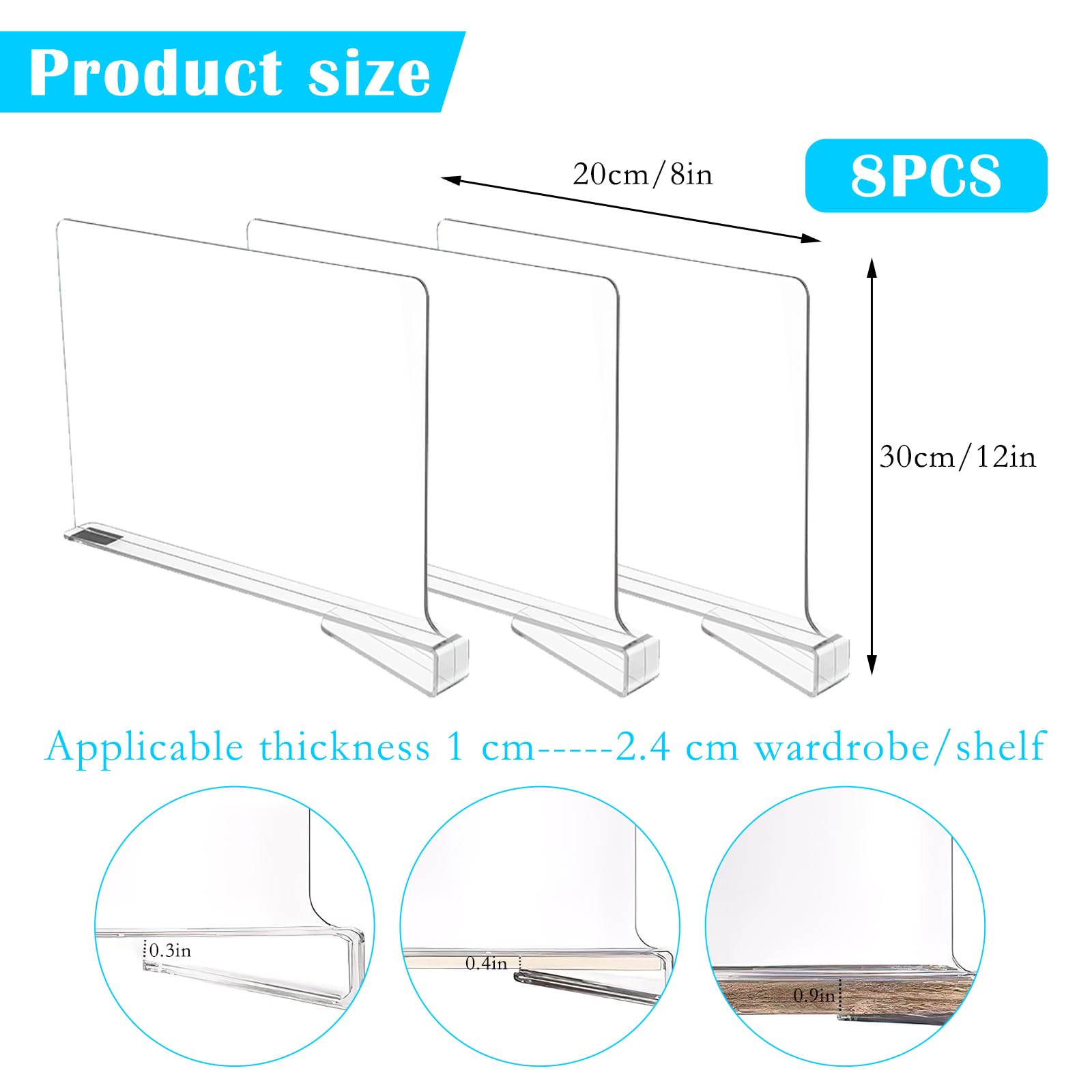 Transparente Acryl-Regaltrenner, 8 Stück Kleiderschrank Regalteiler Acryl-Regal-Trennwände, 30x20cm Multifunktionaler Shelf Divider, Transparenter Organizer für Lagerung, Holzschrank, Schlafzimmer