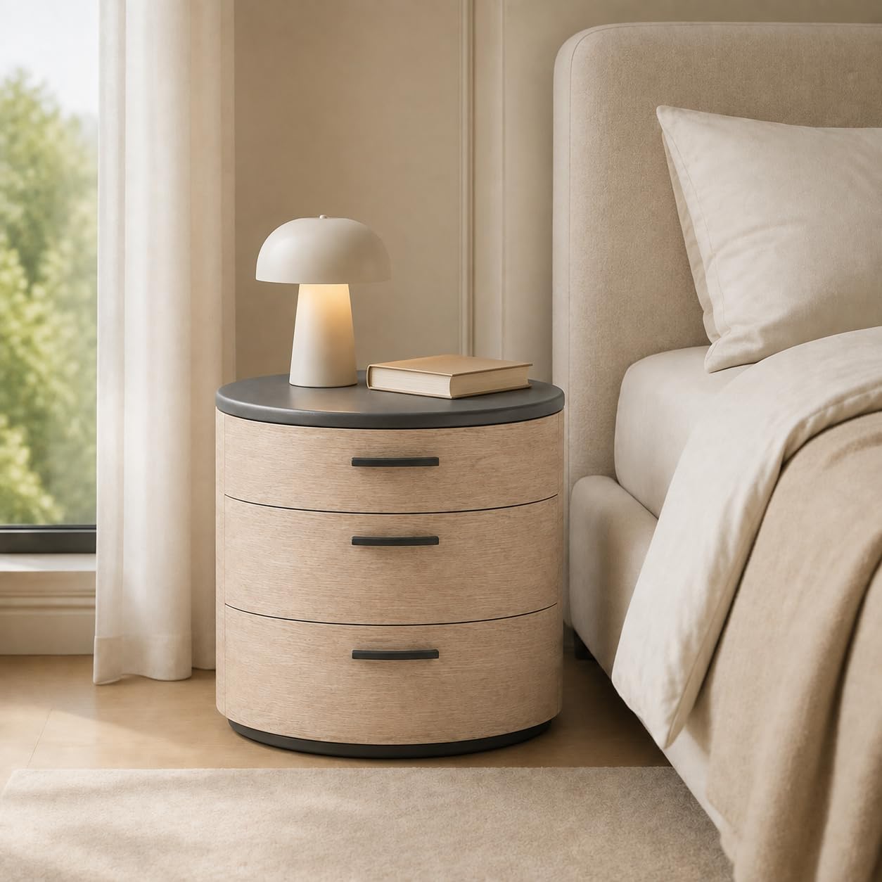 round bedside table with 3 drawers for bedroom | ardas interior round bedside table with 3 drawers for bedroom