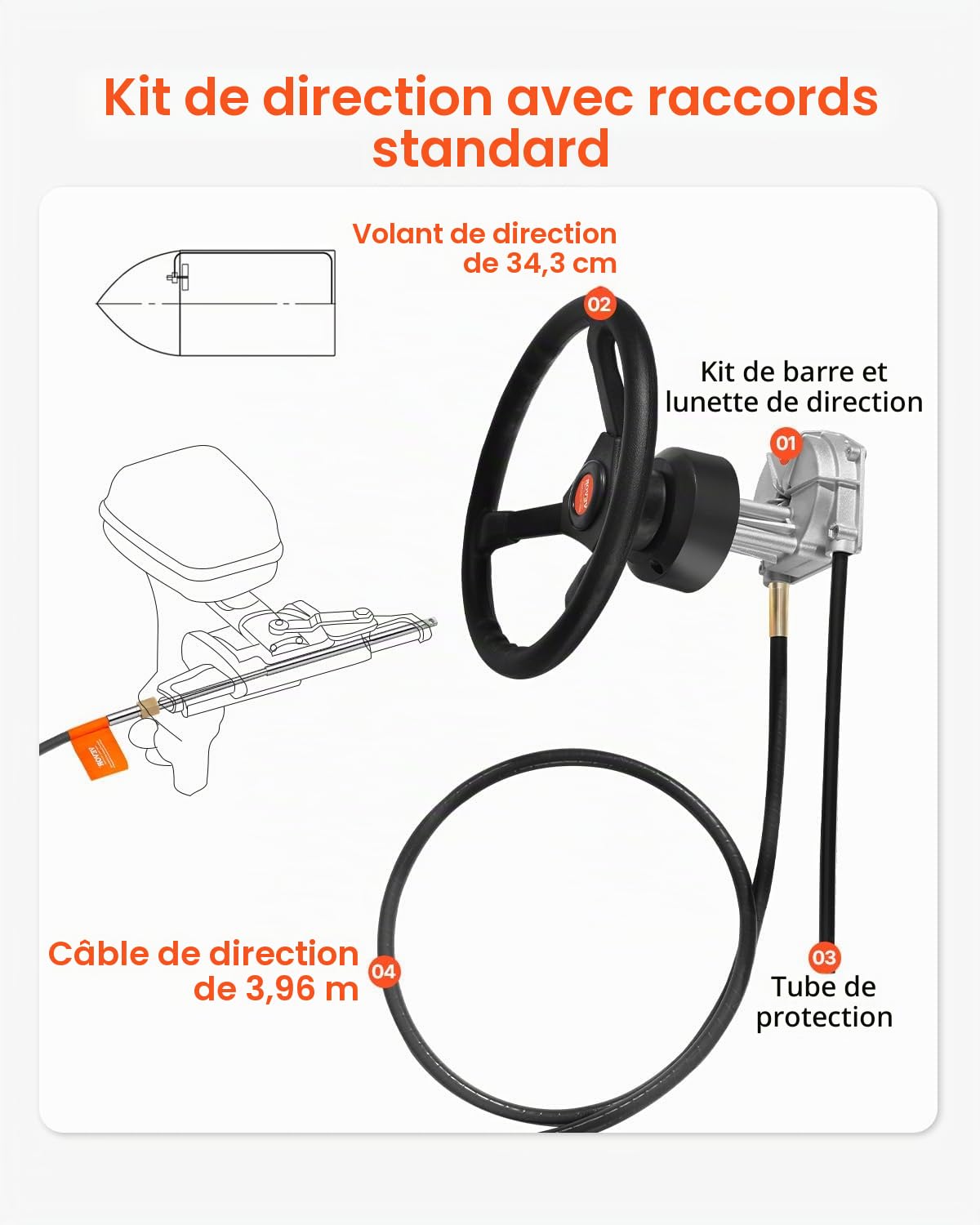 VEVOR Kit Direction Hydraulique Hors-bord avec Câble 3,96 m SS13713 et Volant 34,3 cm, Système de Direction Hydraulique Marin, Accessoires pour Bateau Voyage