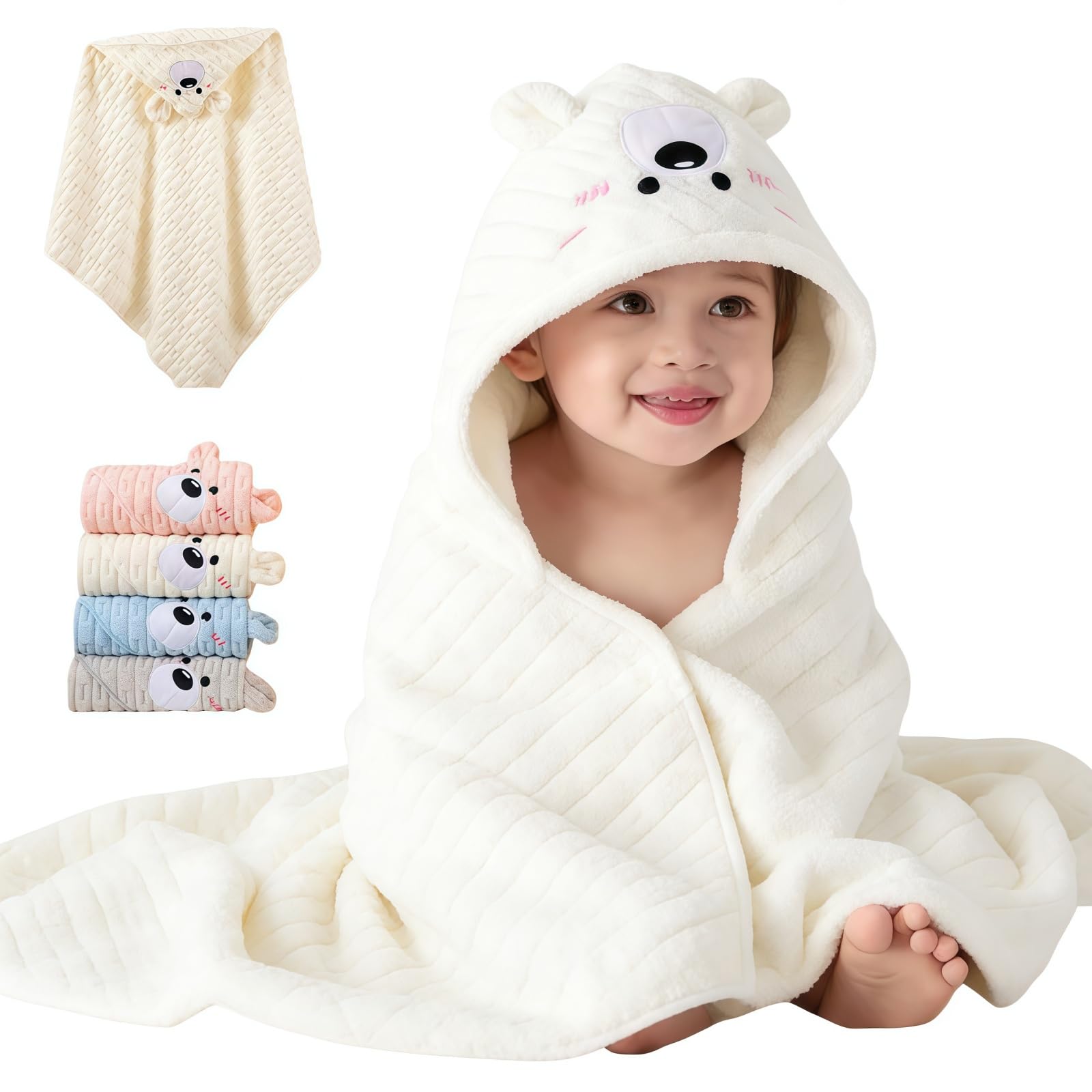 Sumneo Kuscheliges Fleece Baby Handtuch mit Kapuze | Weiches Hooded Badetuch mit Tierdesign | Saugstark & Schnelltrocknend für Neugeborene, Babys & Kleinkinder (Weiß)